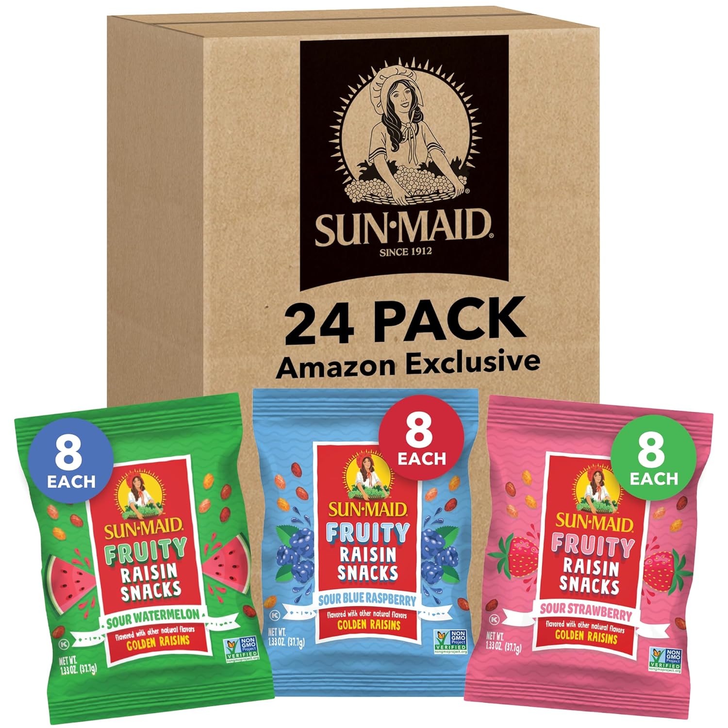 Sun-Maid Fruity Raisin Snack Variety Pack - Sour Strawberry, Sour Watermelon & Sour Blue Raspberry - (24 Pack) 1.33 oz Pouches - Dried Fruit Snacks