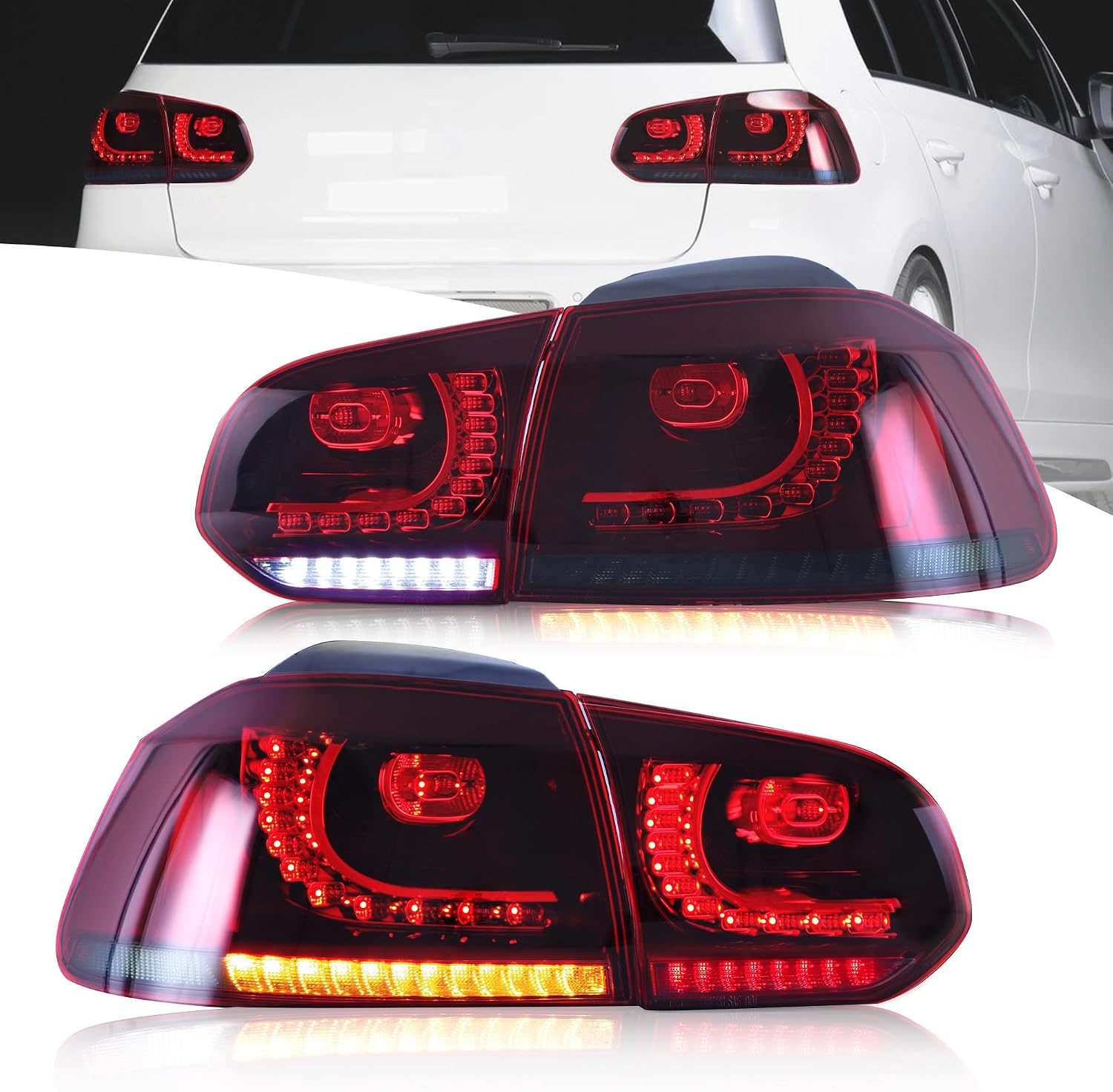 VLAND Tail Lights for Golf 6 Golf MK6 TSI TDI R GTI 2010-2014, Rear Lights Assembly with Sequential Turn Signals, 1 Pair (Red&Smoked)