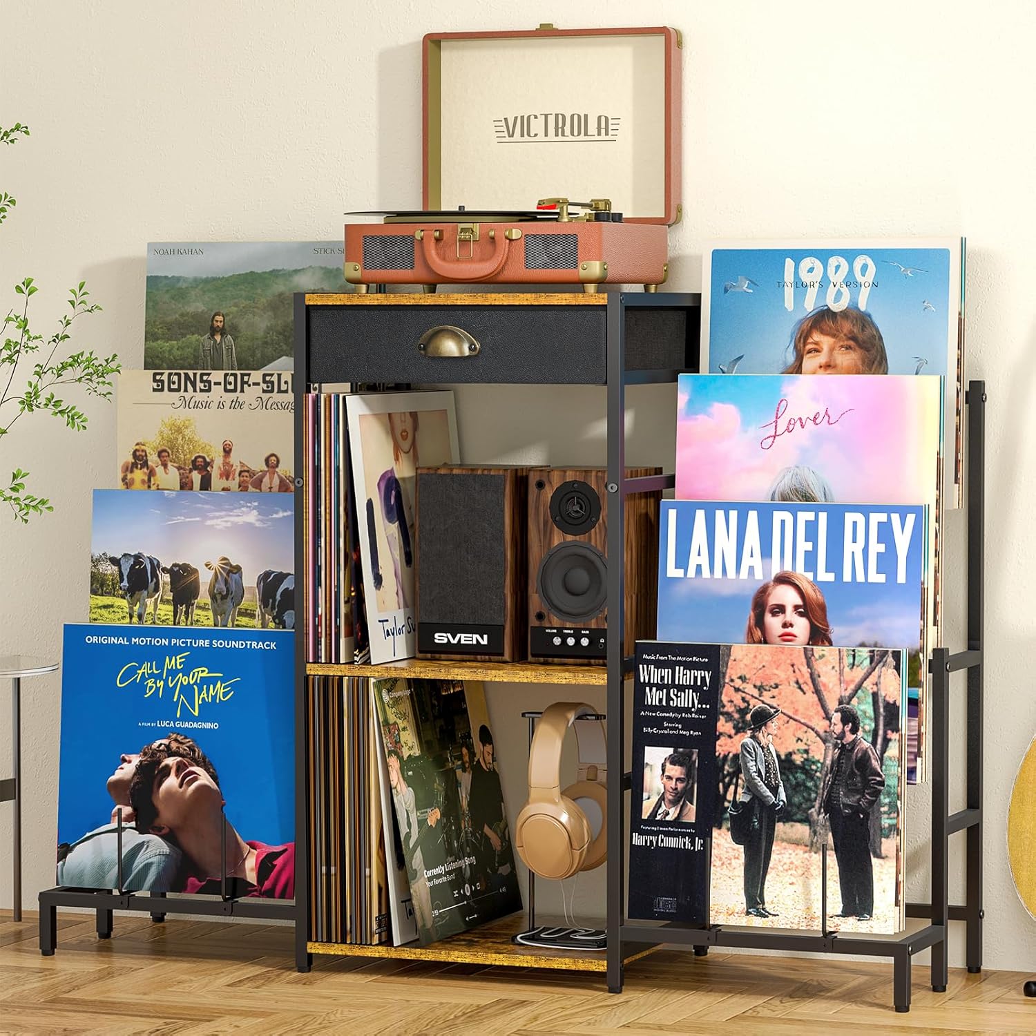 Record Player Table with Record Storage Up to 300 Albums, Record Player Stand with Vinyl Storage, Turntable Stand with Record Holder for Vinyl Display