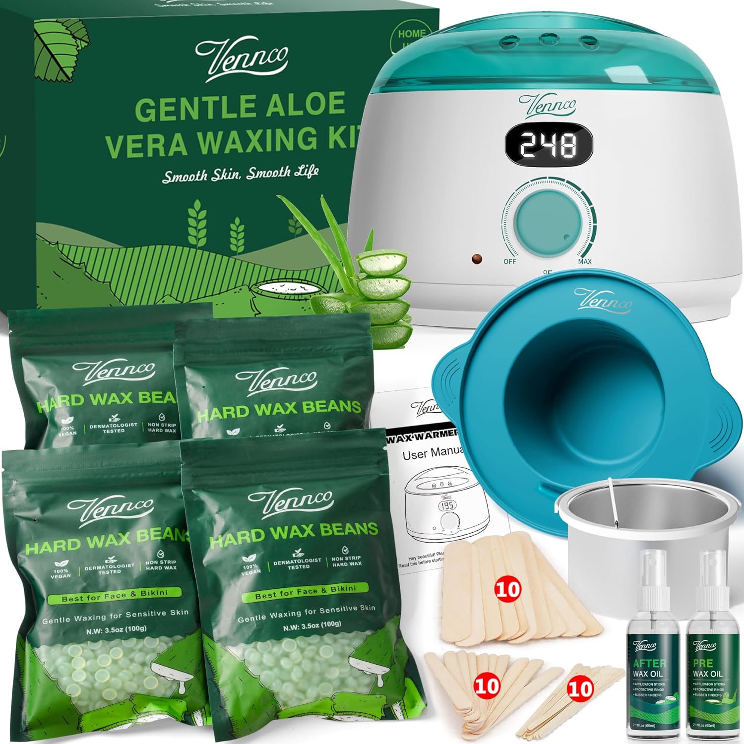 Waxing Kit for Women Men - Premium Digital Wax Melt Warmer Kit for Sensitive Skin Coarse Hair Removal - 14oz Hard Wax Beads & Silicone Liner - for Bikini Brazilian Body Face Leg - Home Wax Kit