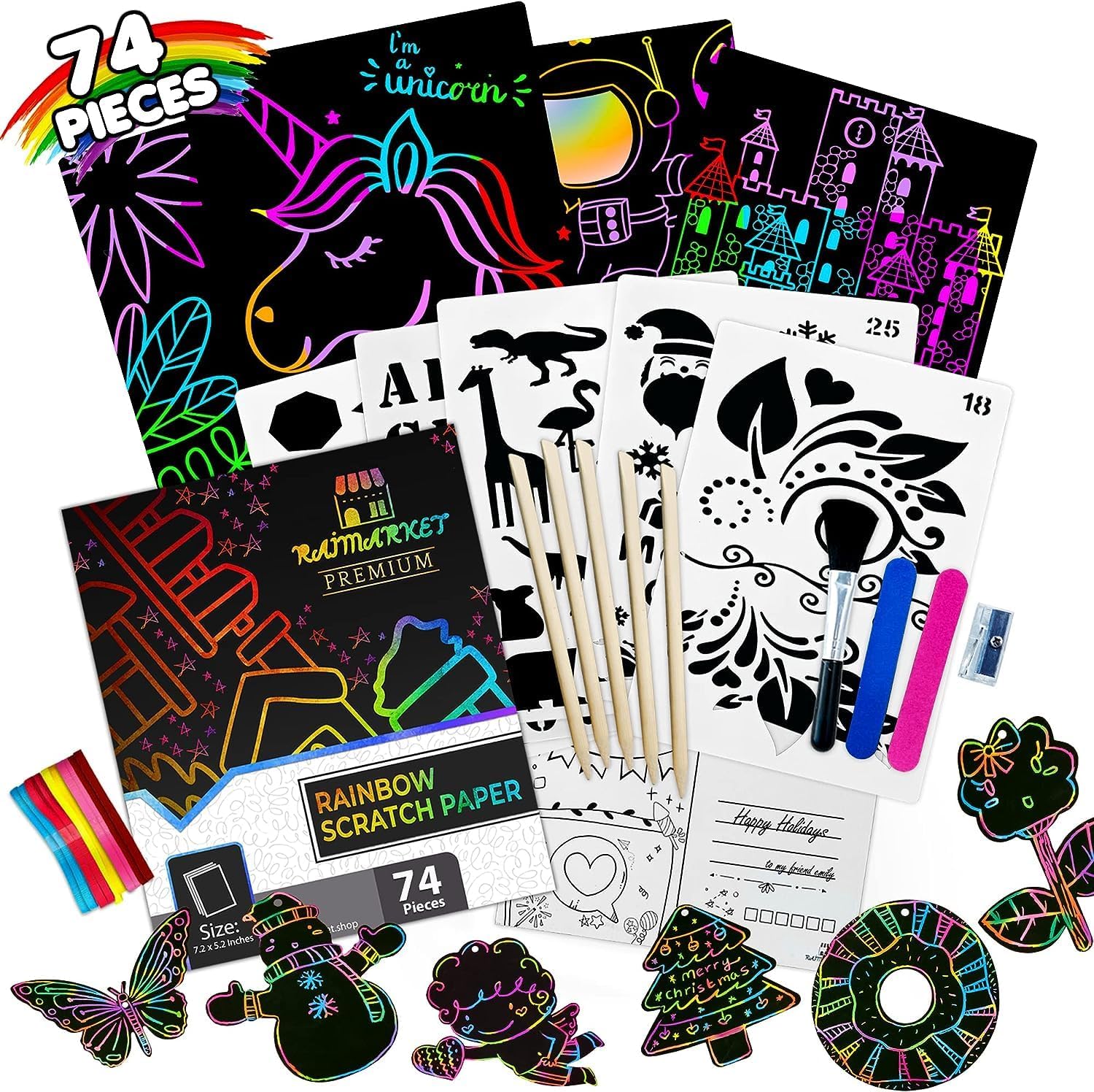 Raimarket Girl Gifts for Kid 74-Piece Scratch Art for Kids, Arts and Crafts for Kids Set Ages 4 5 6 7 8 Year Old, Perfect Birthday and Christmas Gifts for Girls & Boys, Fillers Unicorn Toys