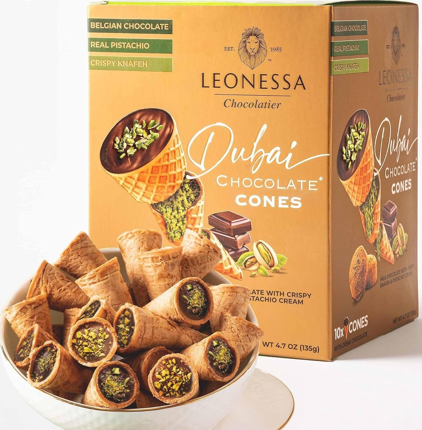 Leonessa Dubai Chocolate Cones with Pistachio Kunafa | Made with Premium Belgian Chocolates | Kunafa Chocolate | Chocolates de Dubai - 4.7 oz