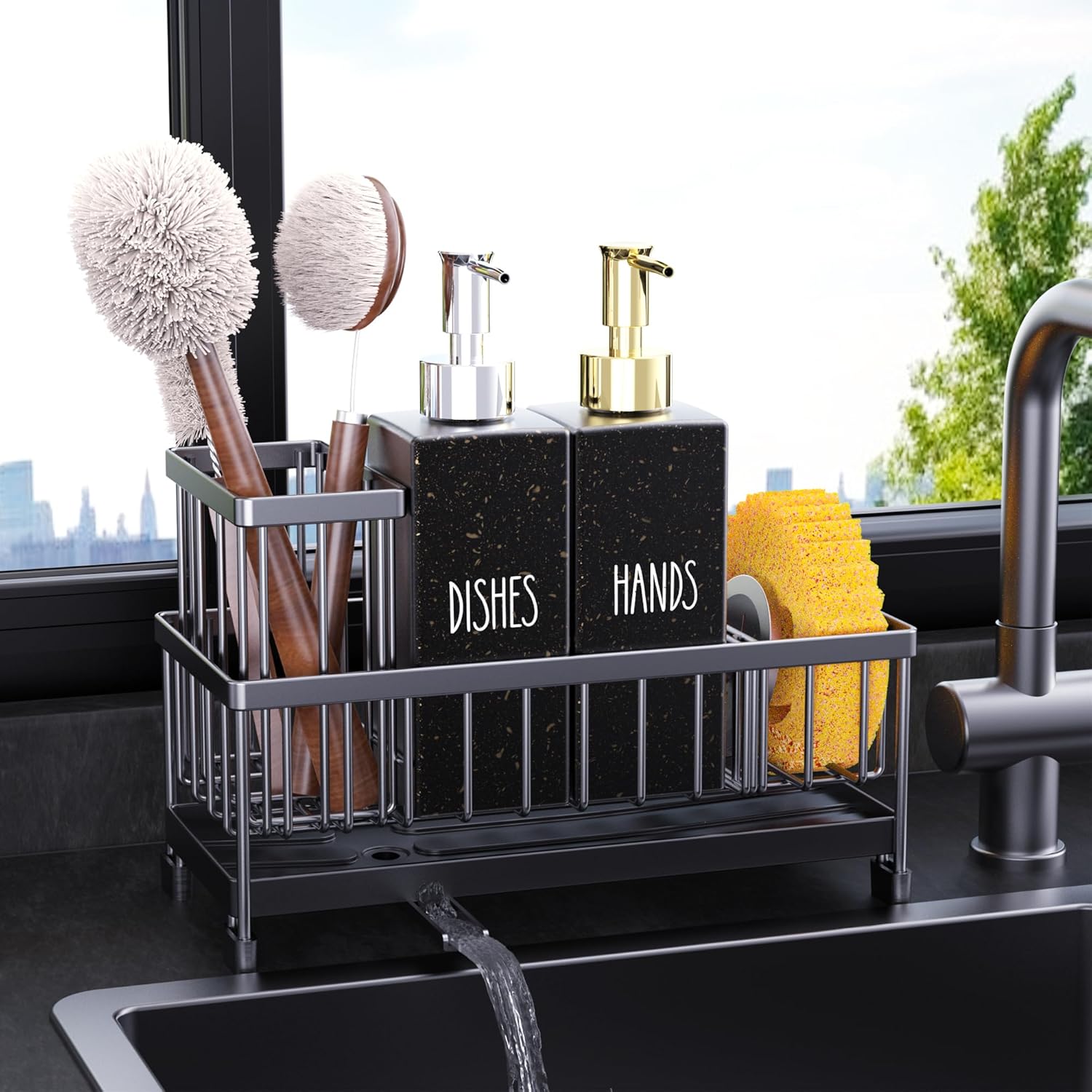 Cisily Kitchen Soap Dispenser Set with Sink Caddy and 12 Oz Glass Bottle, Stainless Steel Kitchen Sink Organizer Countertop, Hand and Dish Soap Dispenser Set (Black)