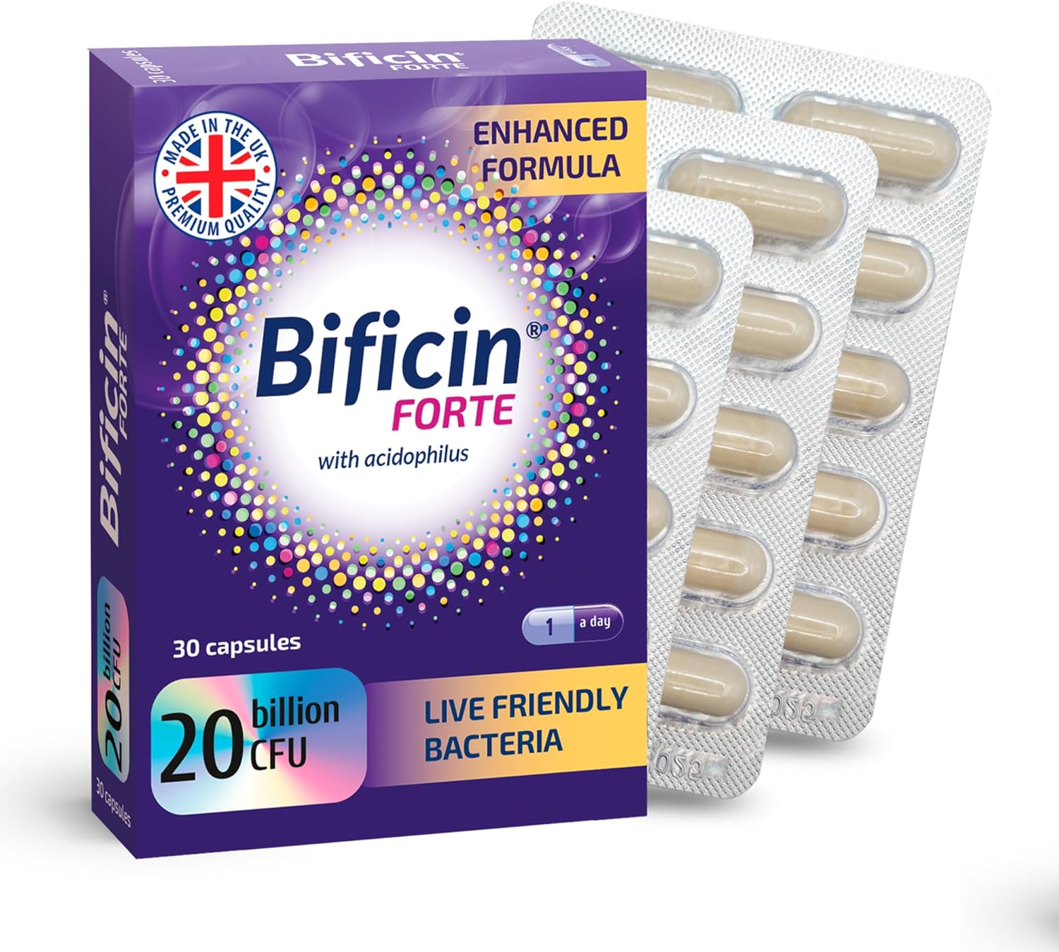 Bificin Forte - Probiotics and Prebiotics for Gut Health, 30 Capsules -20 Billion CFU -10 Live Bacterial Cultures: Lactobacillus Acidophilus, Lactis, Rhamnosus & Bifidobacterium Longum, Breve, Bifidum