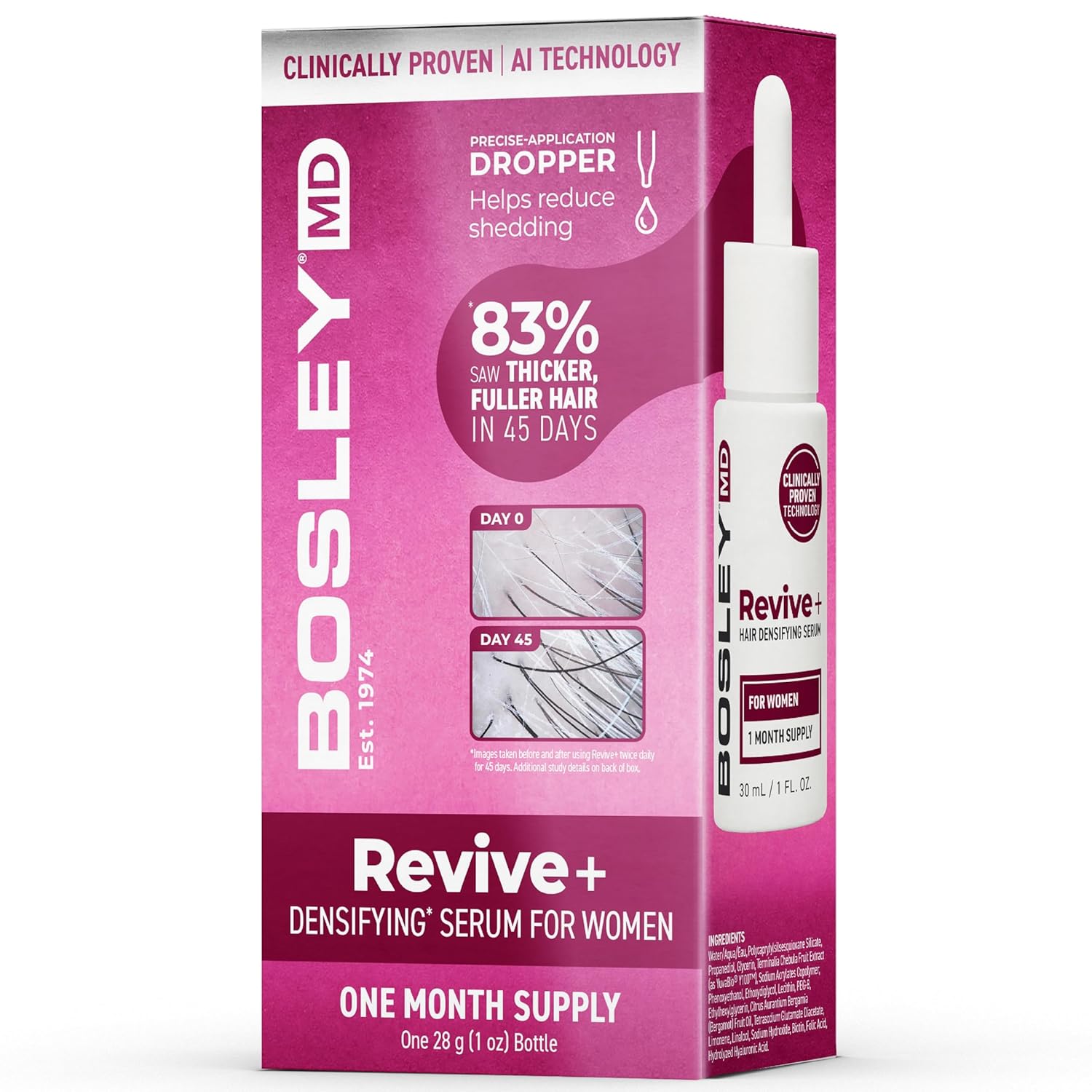 BosleyMD Revive+ Densifying Hair Growth Serum for Women – Drug-Free Scalp Treatment with Biotin, Saw Palmetto & Y100 Botanical Compound – Thicker, Fuller Hair in 45 Days – 1 Month Supply