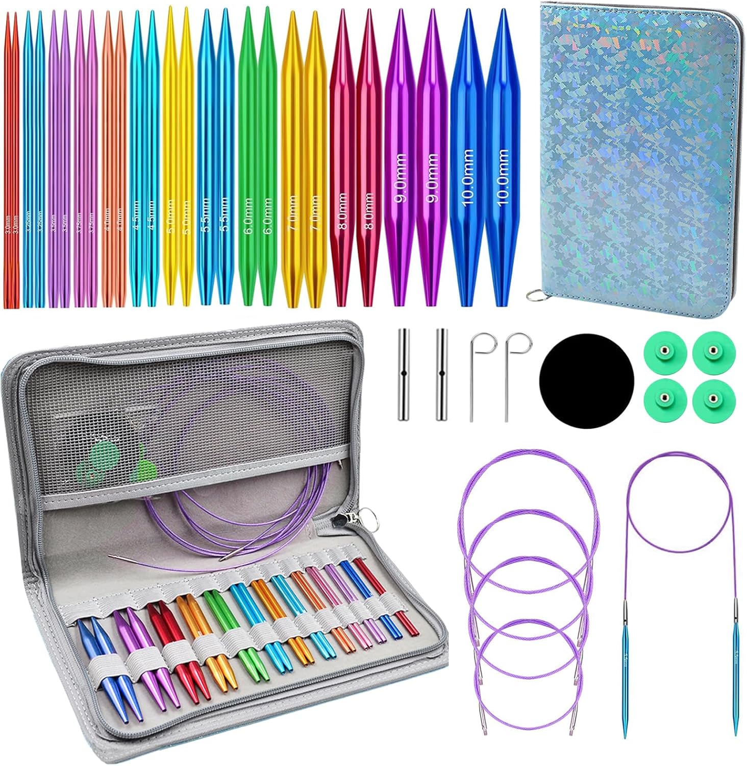 Yarniss 13 Pairs Circular Knitting Needle Set 3.0~10.0mm,4-Inch Interchangeable Aluminum Knitting Needles with 4 Cables,Round Needle with Case