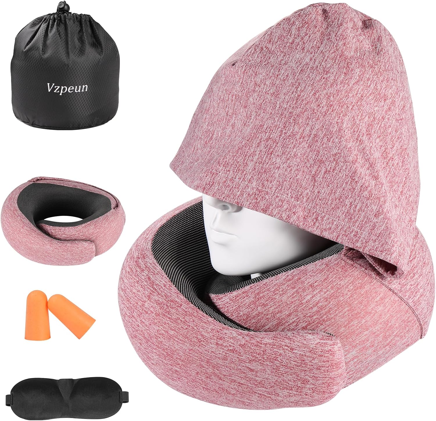 Travel Pillow - Hooded Neck Pillow Airplane, Memory Foam Pillow for Plane, Office, Cars Sleeping, Long Flight Must Haves, Road Trip Essentials Accessories for Adults (Red)