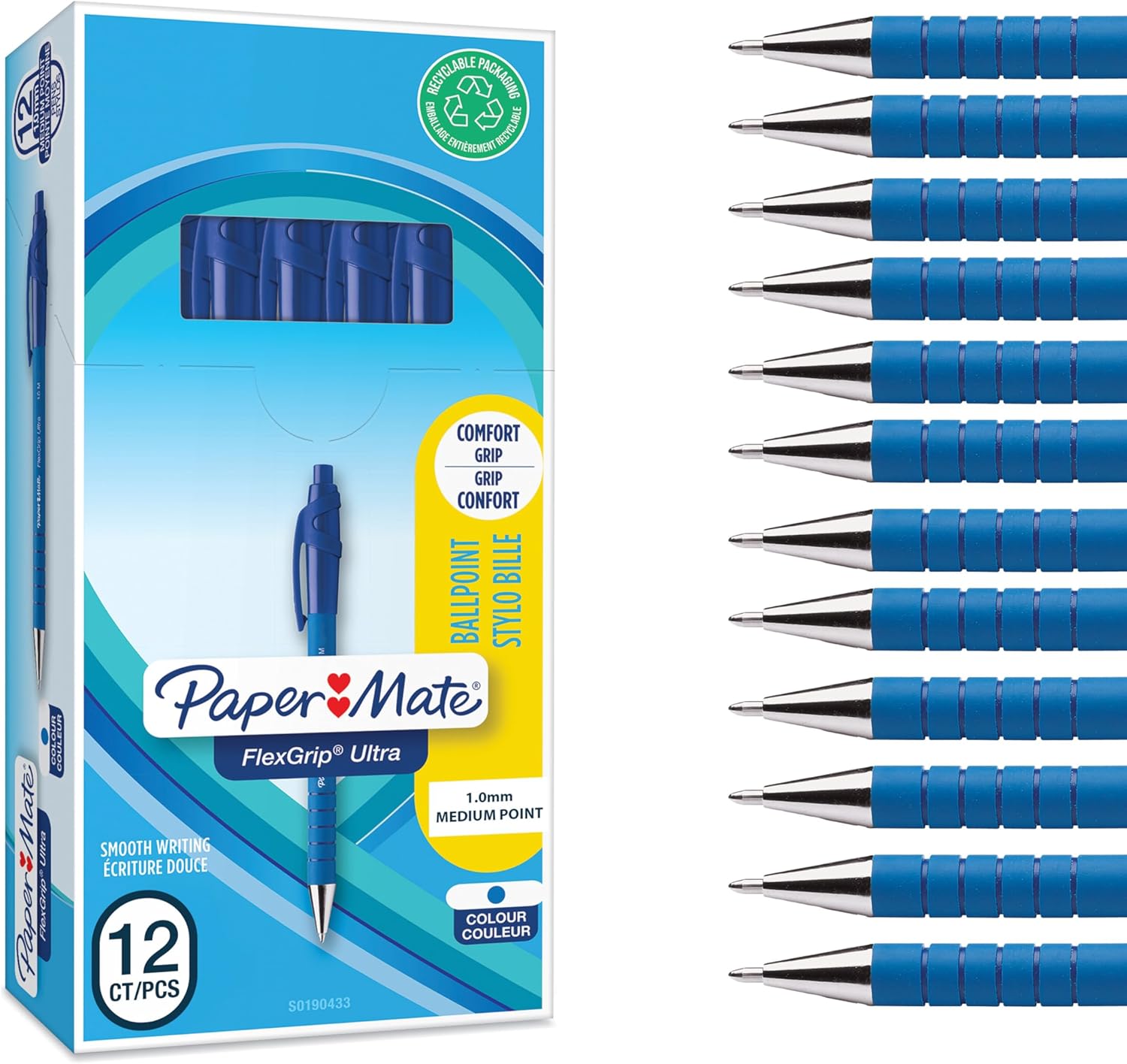 Paper Mate Flexgrip Ultra Retractable Ballpoint Pens | Medium Point (1.0mm) | Handwriting Pens & Stationery Supplies | Blue Pen Set | 12 Count