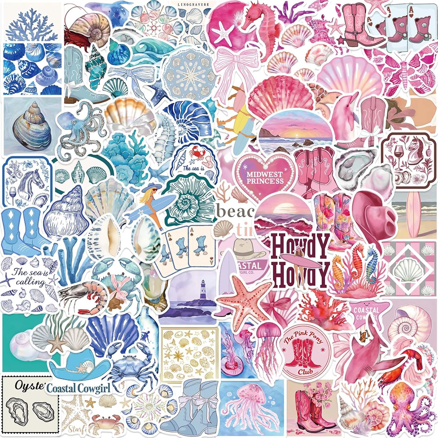 100PCS Aesthetic Coast Stickers for Kids Teens Adults, Ocean Beach Theme Stickers Decoration for Laptop Journal Scrapbook, Vinyl Waterproof Sticker for Water Bottles Luggage Party Supplies(Blue&Pink)