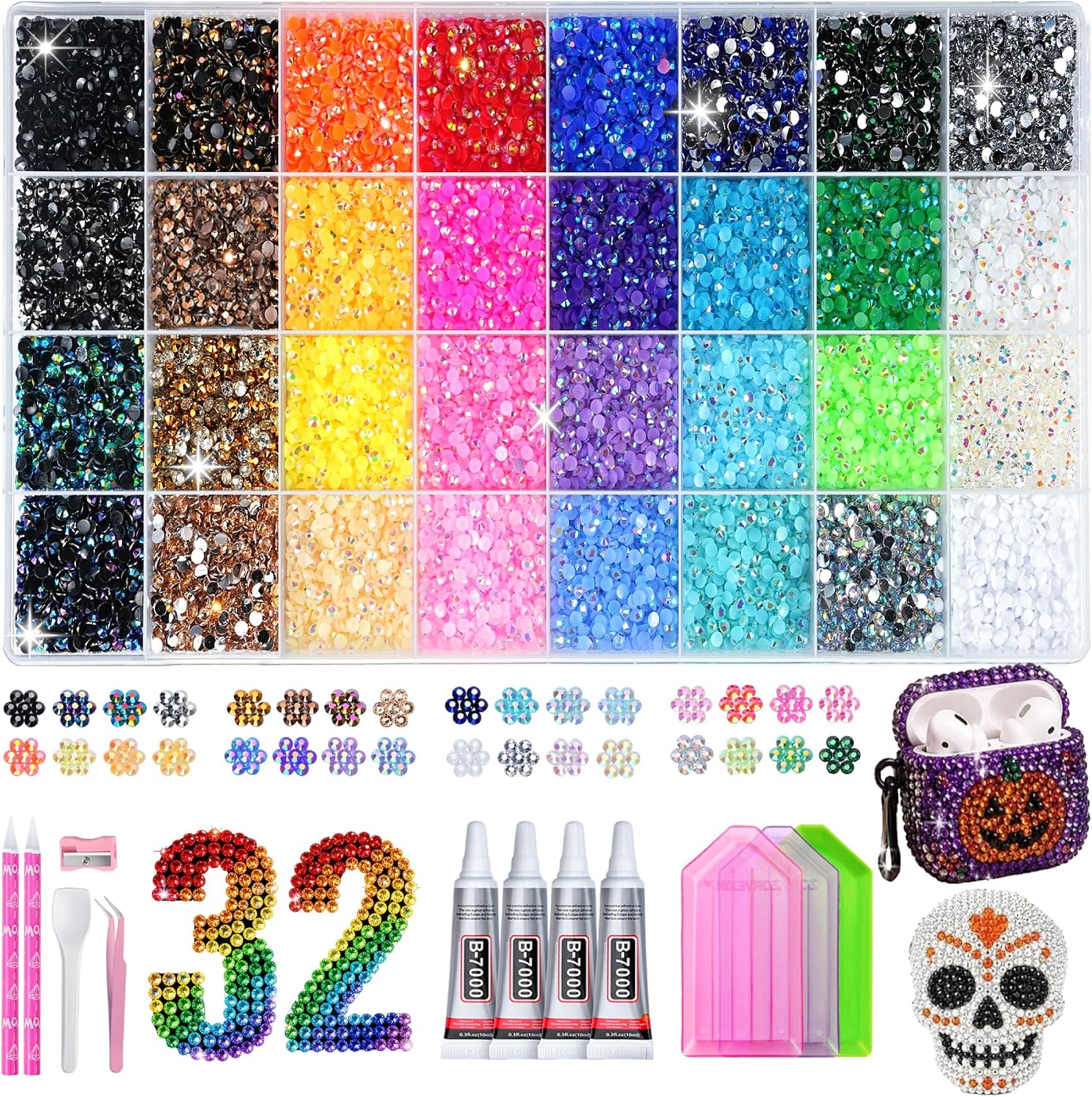 45,000 PCS Rhinestones Bedazzling Kit, 32 Colors Bedazzler Kit with 3mm Resin Flatback Rhinestones, Includes 4 Glues & Tools for Diamond Art, Jewelry, and Halloween Birthday Gifts