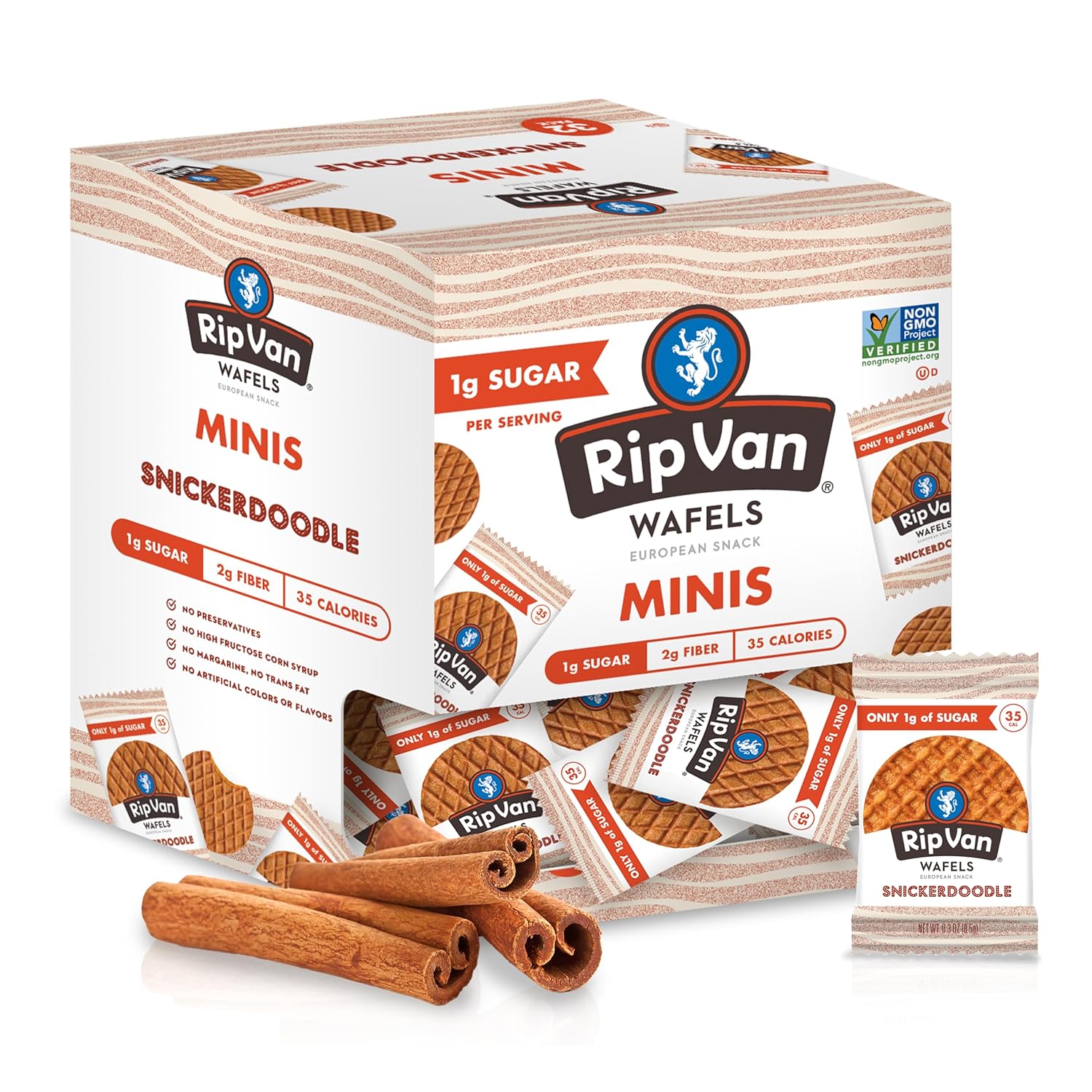 Rip Van Wafels Snickerdoodle Mini Stroopwafels - Low Carb Snacks (3g Net Carbs) - Non GMO Snack - Keto Friendly - Office Snacks - Low Calorie Snack (37 Calories) - Low Sugar (1g) - 32 Pack