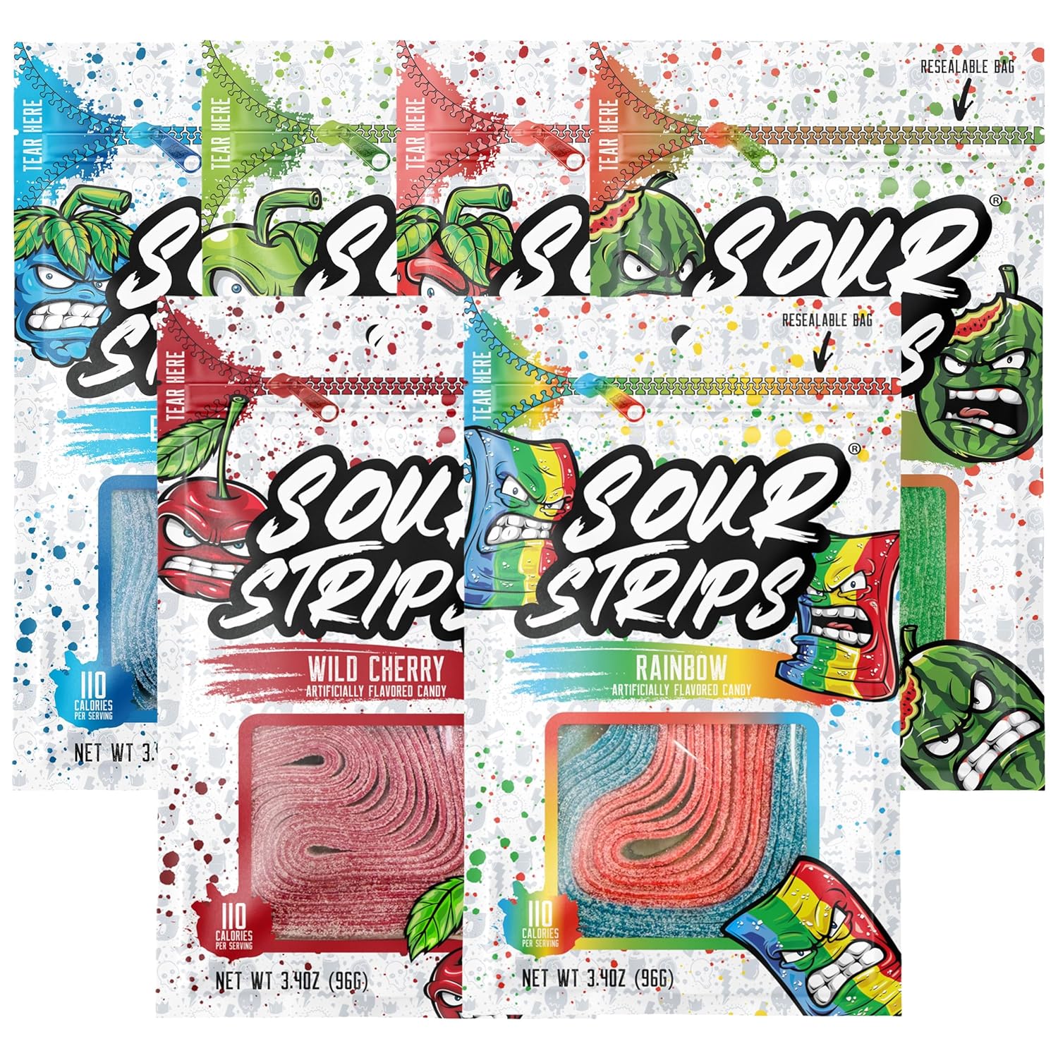 Sour Strips Sour Candy Belts, Resealeble Candy Bag, 3.4 Ounce (Pack of 6)