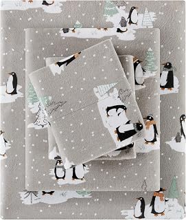 Sleep Philosophy True North Cozy Flannel Warm 100% Cotton Sheet - Novelty Print Animals Stars Cute Ultra Soft Cold Weather Bedding Set, Full, Grey Penguins 4 Piece
