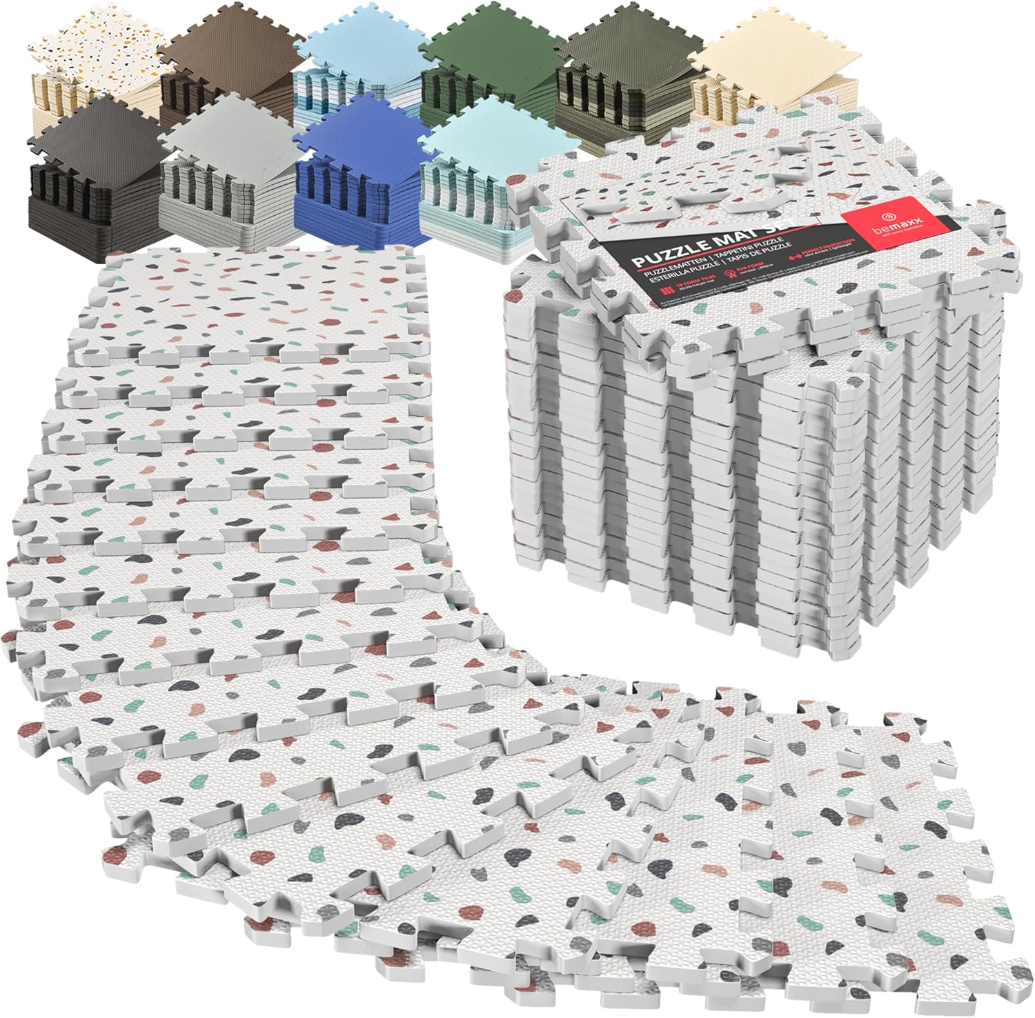 bemaxx Gym Mats Set - 18 pcs EVA Interlocking Foam Floor Tiles (12.6"x12.6"x0.4") 18sqft Protective Gym Flooring Sports Home Workout Exercise Mats Puzzle Garage Fitness Play-Room Pool Treadmill Bike