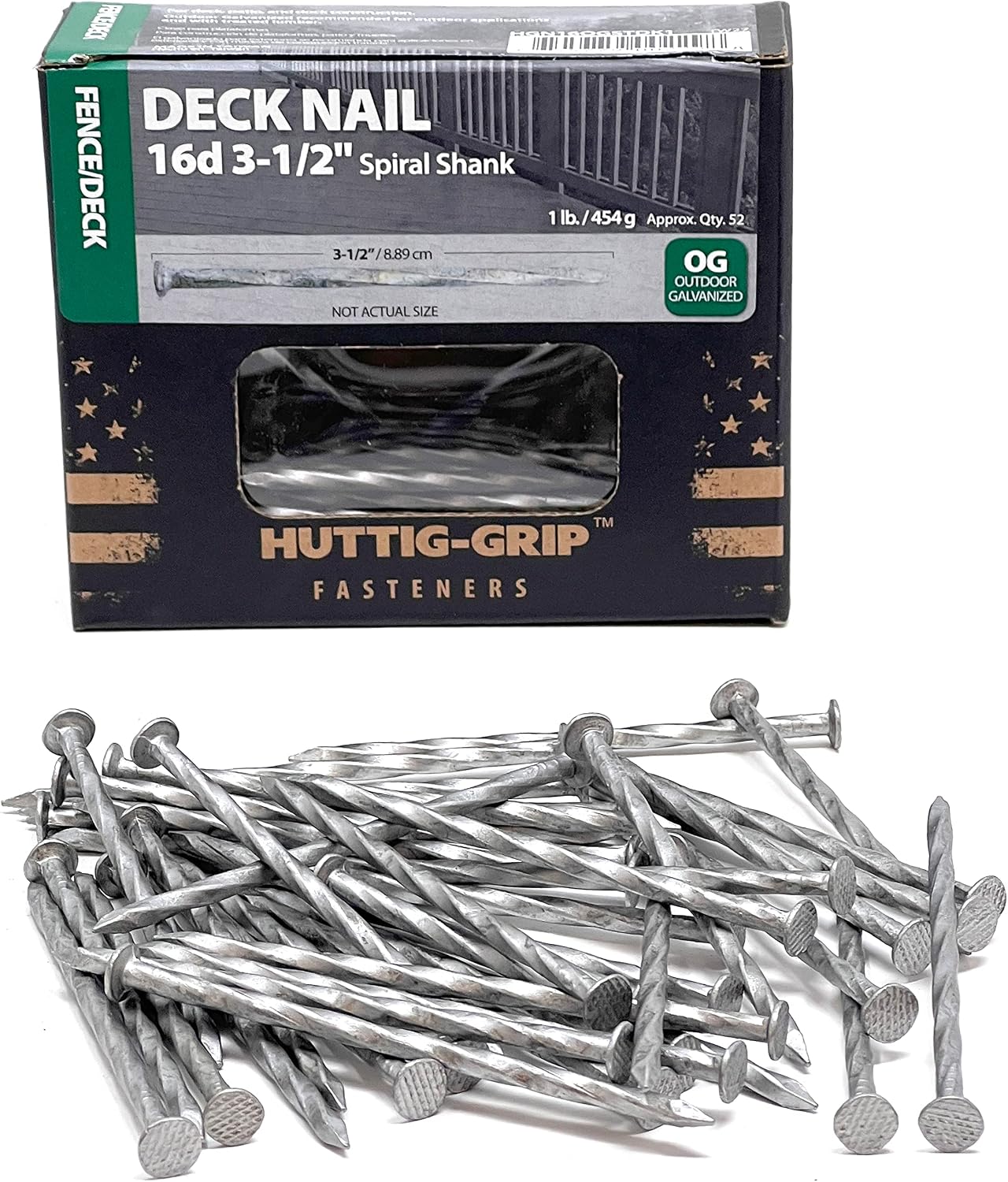 Huttig-Grip Fence Deck Nails 3-1/2 inches 16d for Wood Decking HGN16OGSTDK1 Spiral Shank Outdoor Galvanized Finish, 1 lb Pack of 52 Nails, Silver