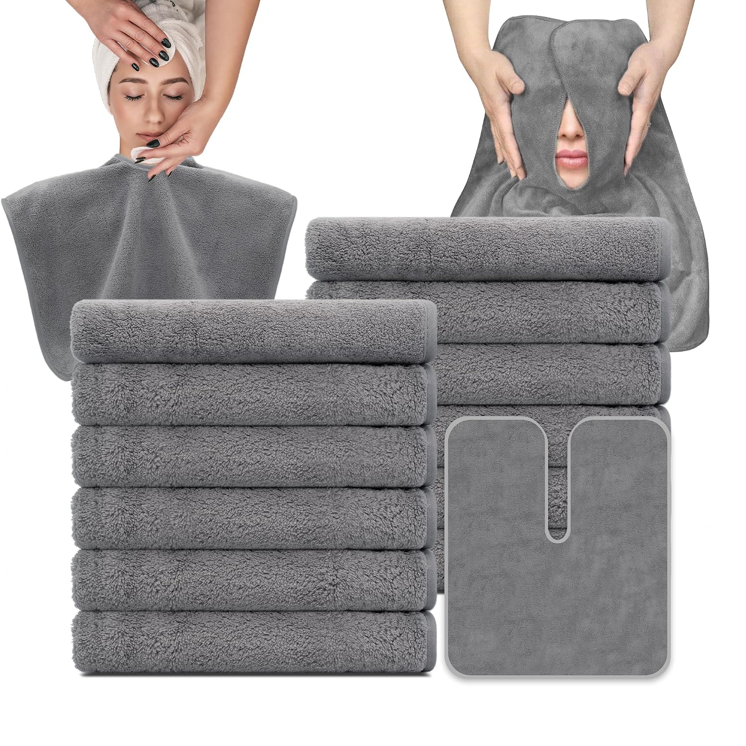 MAYOKEN® 12PCS U-Shaped Microfiber Facial Towels for Estheticians, Ultra-Soft & Absorbent Spa Towels for Massage, Facial Steam & Skincare (Gray)