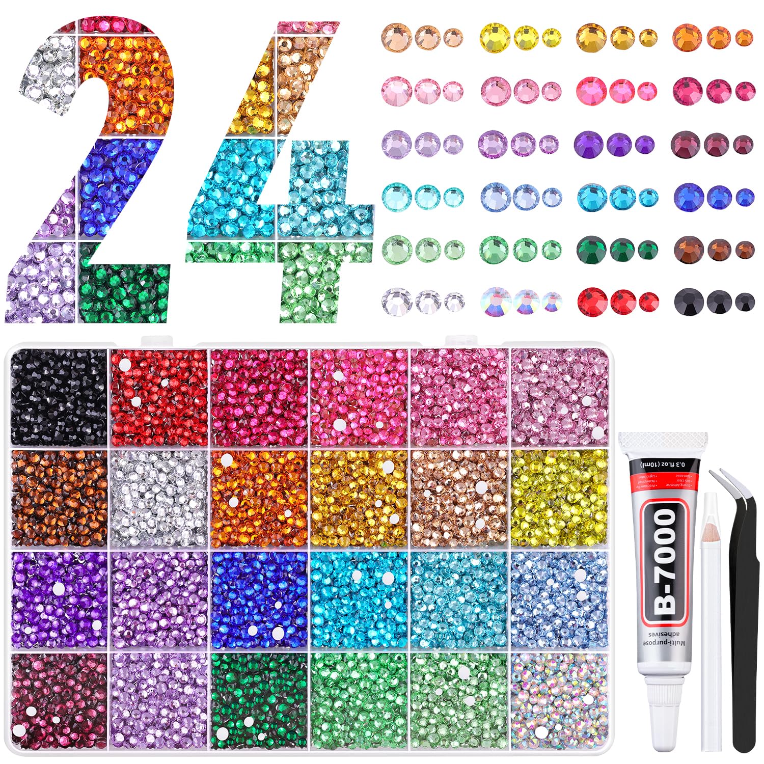 22000Pcs Resin Rhinestones for Bedazzling with Tweezers, Multicolor 2/3/4mm Rhinestones for Crafting with B7000 Jewelry Glue for DIY Crafts Clothing Tumblers Shoes Fabric Nail Art