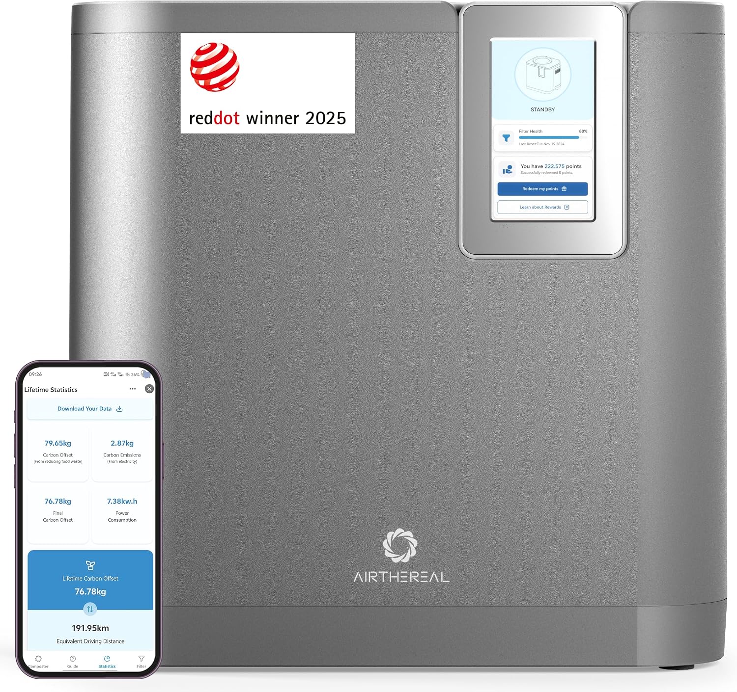 Airthereal Revive R800 5L Smart WiFi Electric Kitchen Composter - Odorless, Self-Cleaning, 3 Modes for Efficient Composting, Reduces Food Waste by 90%, App-Connected for Carbon Footprint Data