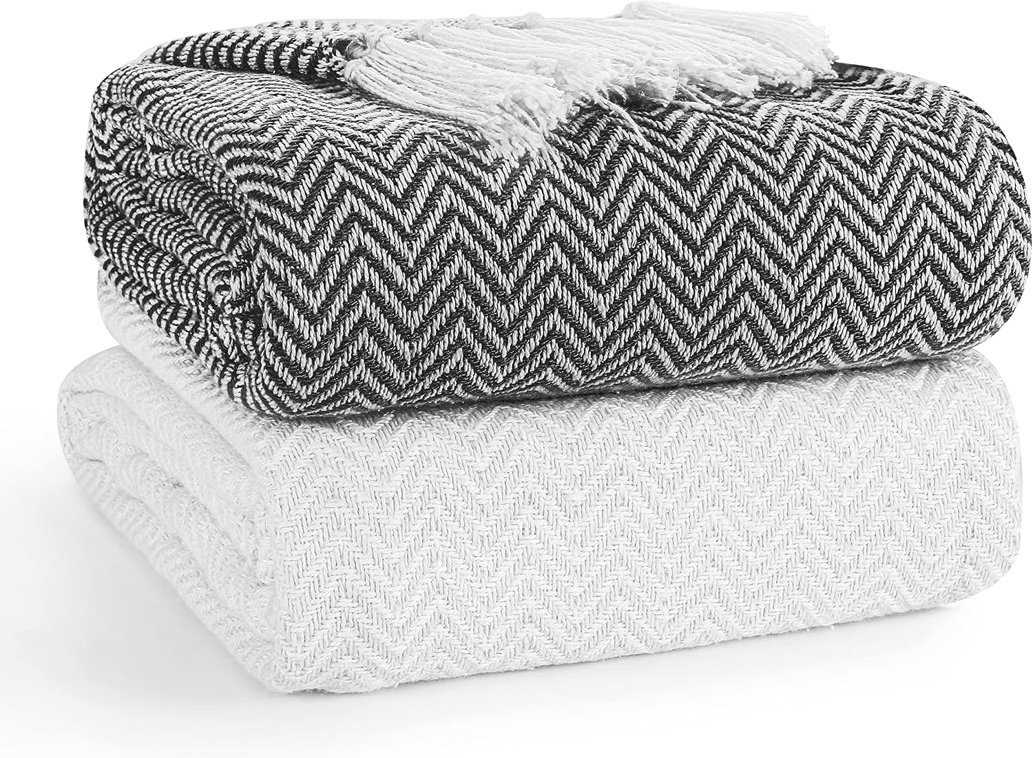 EHC PAIR Pack Chevron Cotton Throws for Sofa, Chair Blanket 127 x 152cm (Pack of 2) - Ivory/Black