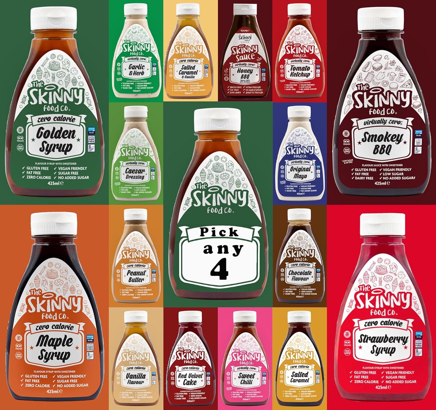 The Skinny Food Co. Sauces, Salad Dressings & Syrups Pick Any 4 Bottle Gluten Free, Low Calorie, Sugar Free - 425ml