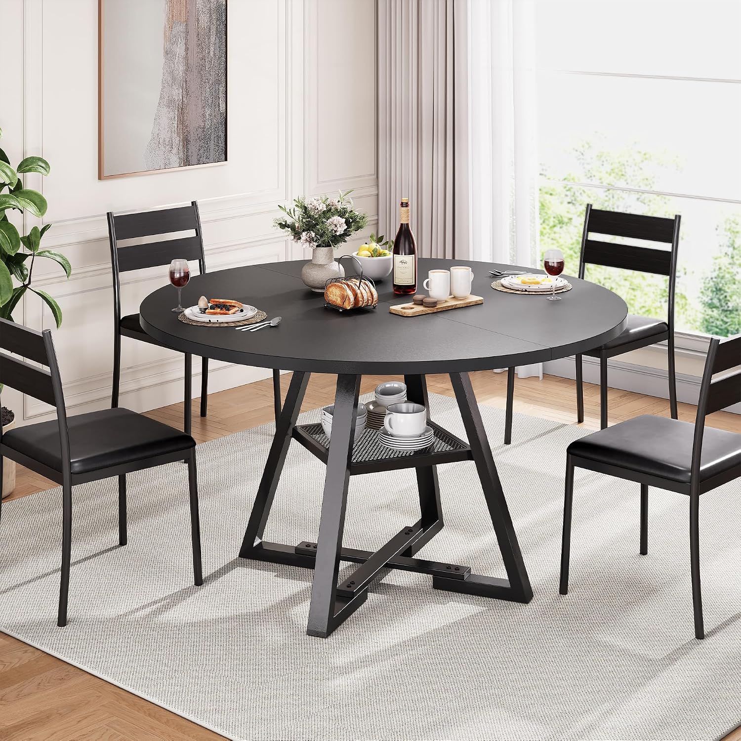 Round Dining Table for 2-4 People, Circle Dinner Table with Shelves, Space Saving Wood Kitchen & Dining Room Furniture (Black, 42 inch