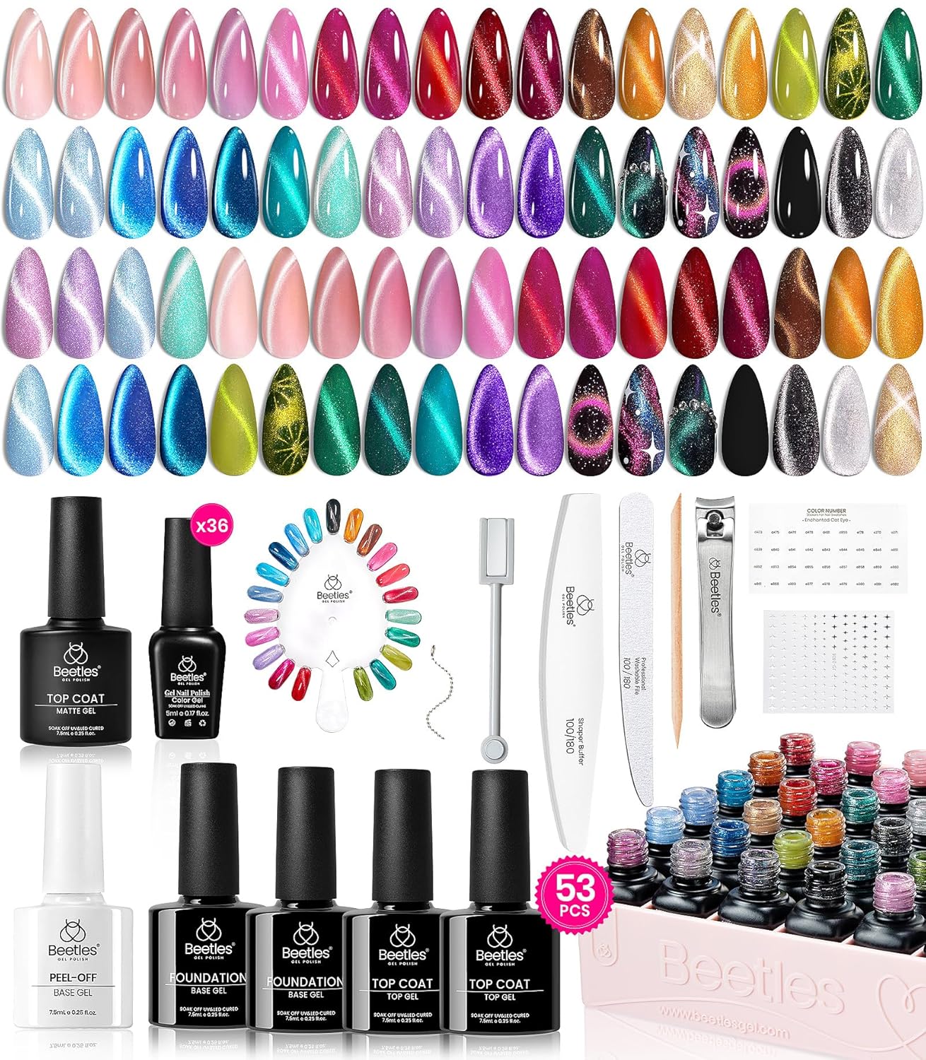 Beetles Cat Eye Gel Nail Polish Set-36 Colors Red Purple Brown Green Burgundy Magnetic Gel Nail Polish with Base Gel Glossy Matte Top Coat Magnet,Soak off UV Nail Gel DIY Nail Art Gift for Women