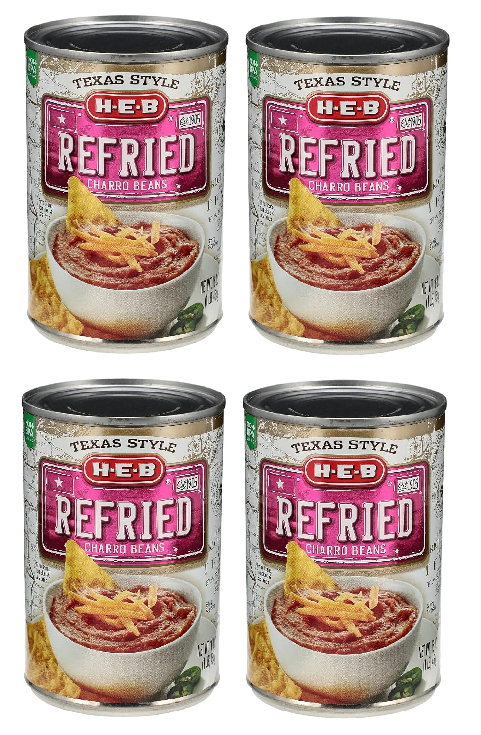 Texas Style Refried Charro Beans 4 Cans 16 oz (1 LB - 454g) BY: H-E-B