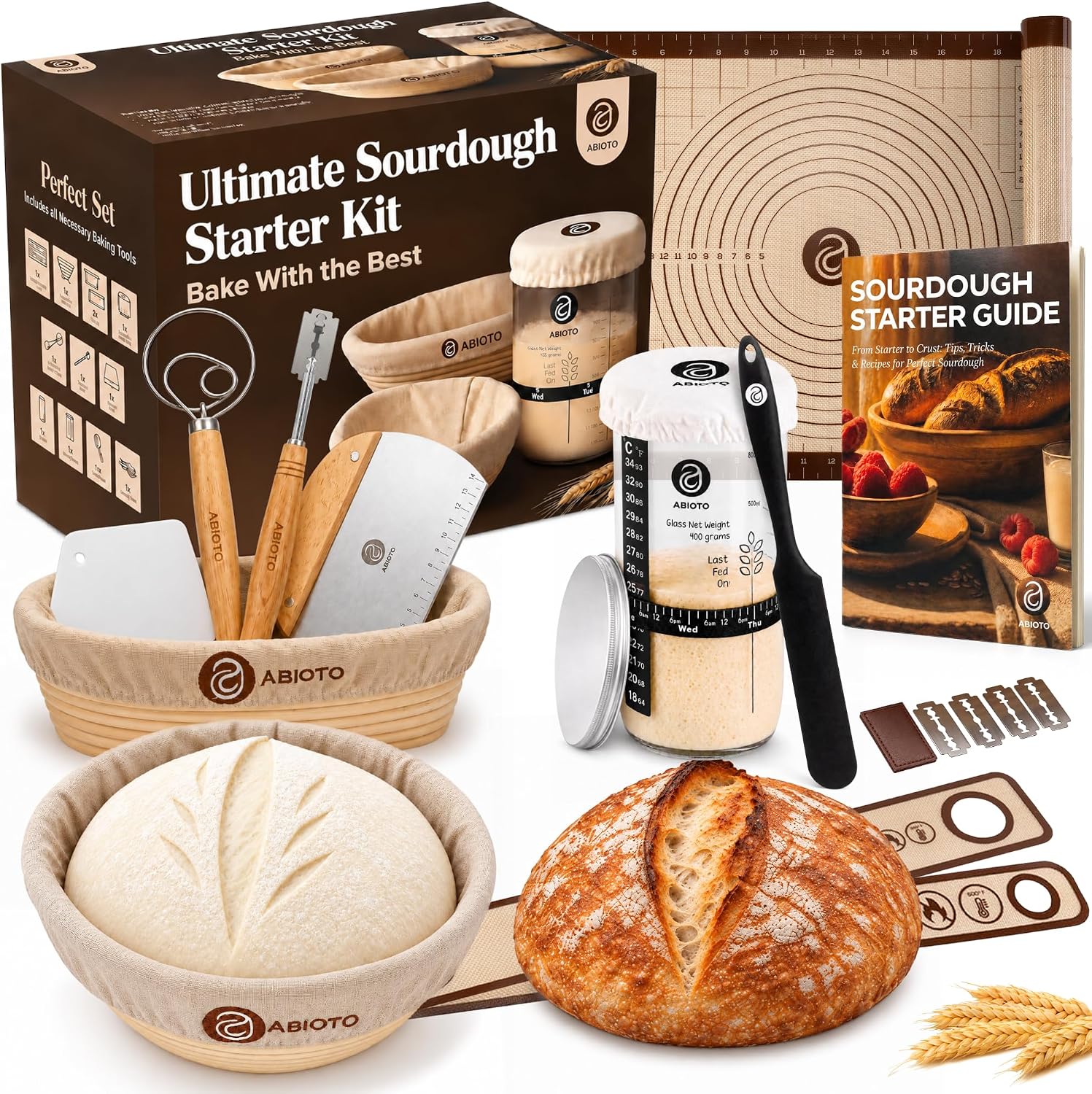 ABIOTO Sourdough Starter Kit with Bread Proofing Baskets & Tools, 24-Pieces