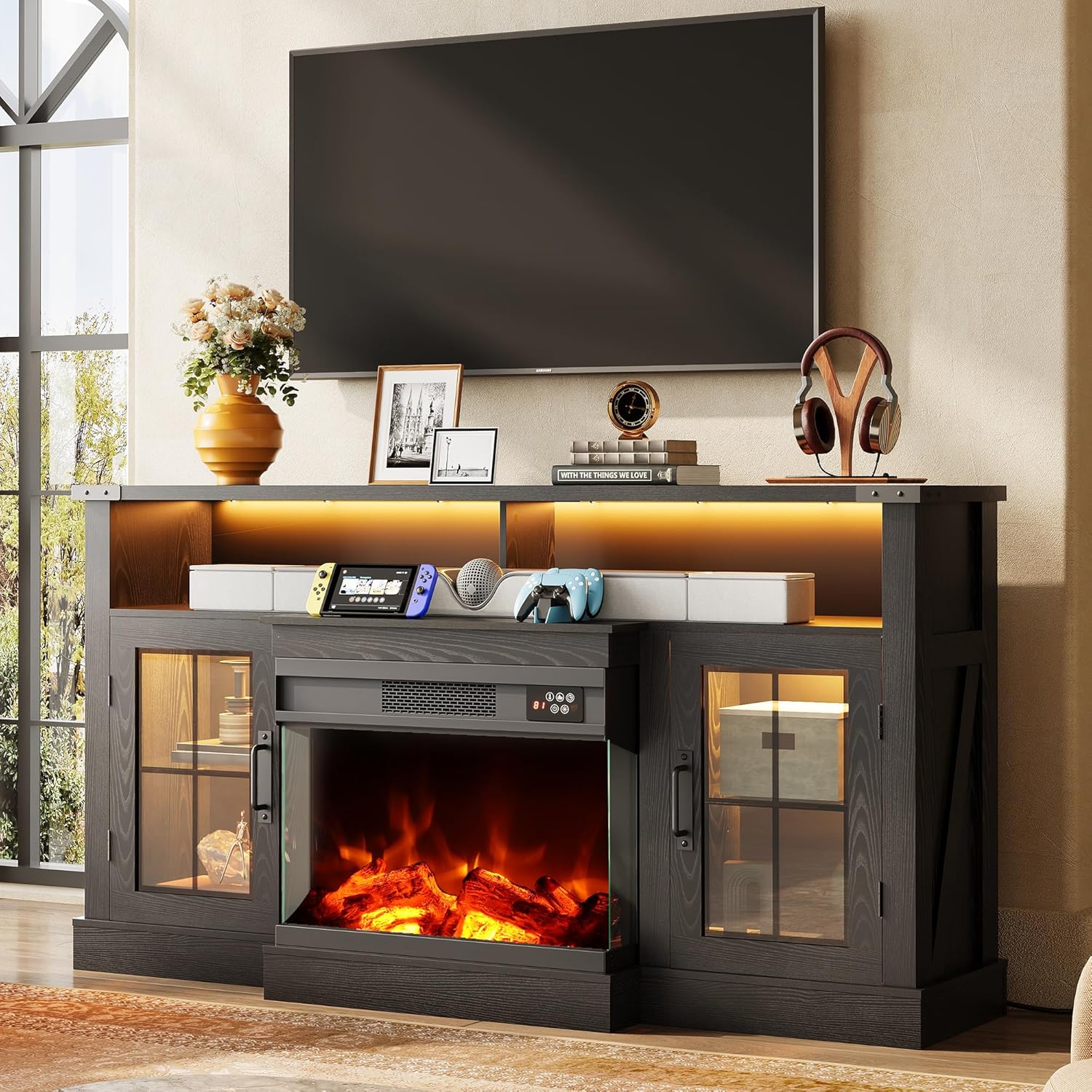 WLIVE 3-Sided Glass Electric Fireplace TV Stand for 65 Inch TV, Entertainment Center with 14 Flame Colors & Adjustable LED Storage Cabinets, Farmhouse Media Console for Living Room, Bedroom (Black)