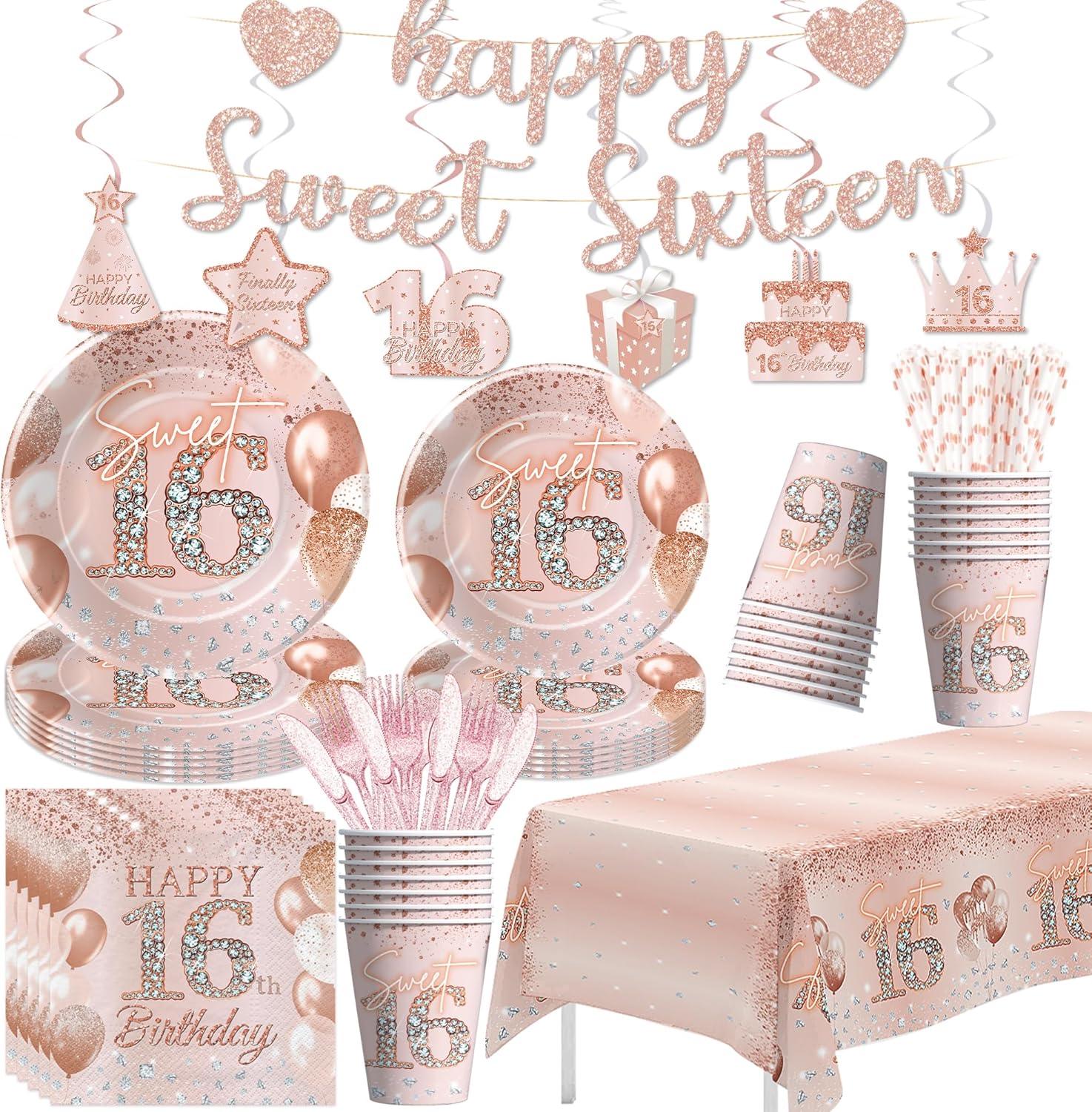 Sweet 16 Party Decorations, Rose Gold 16th Birthday Decorations Girls, Paper Plate, Napkin, Cup, Tablecloth, Banner, Swirls, Cutlery, Sixteenth Birthday Party Supplies, Serves 24