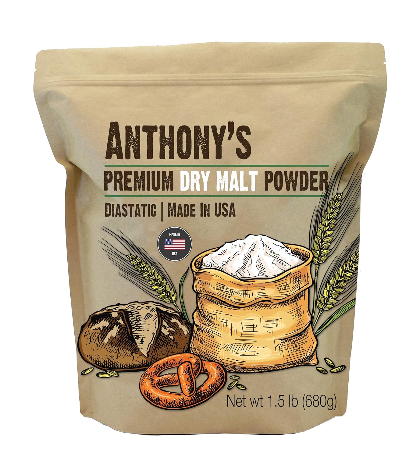 Anthony's Diastatic Dry Malt Powder, 1.5 lb, Made in the USA, Diastatic, Malted Barley Flour
