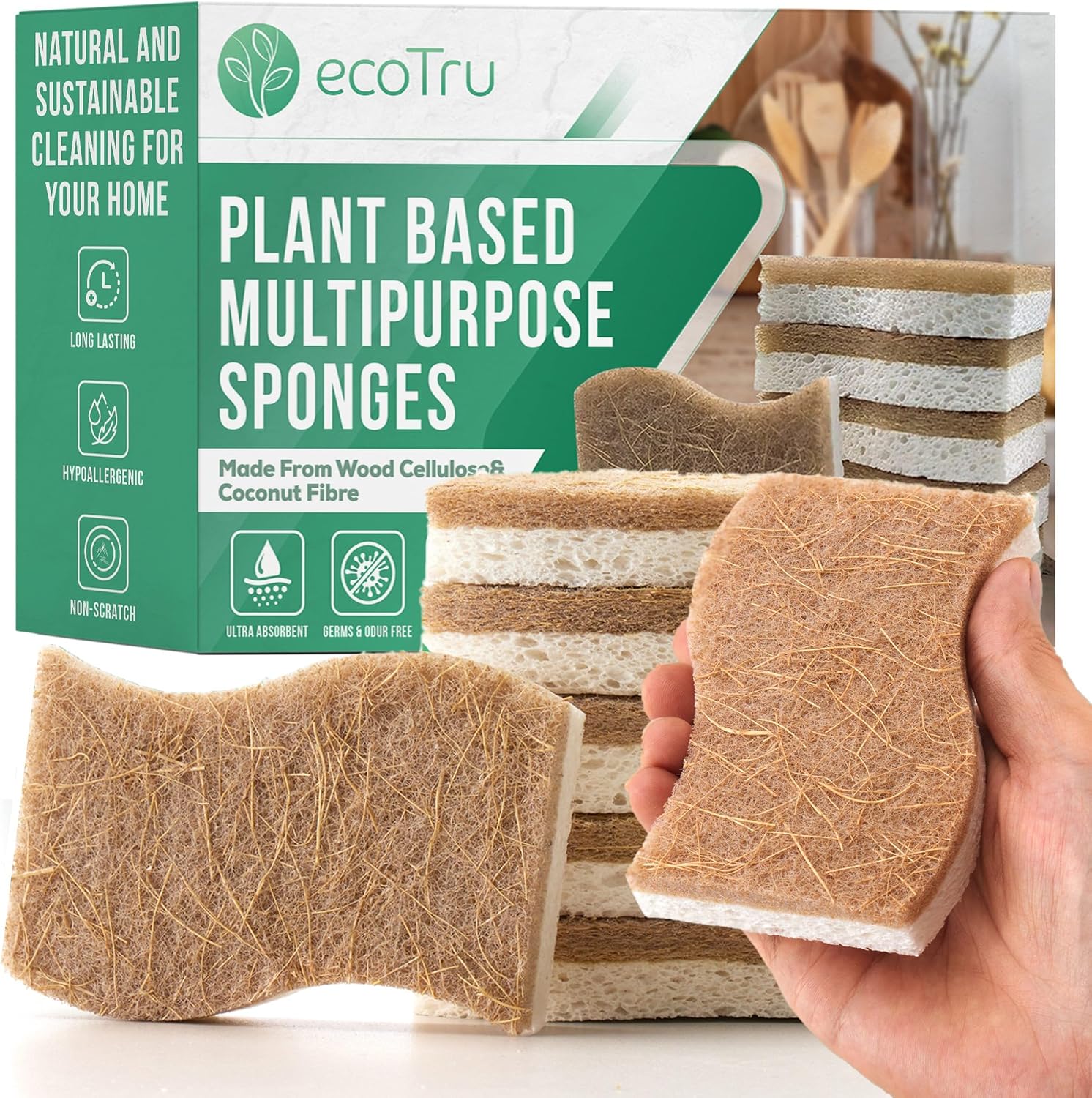 ecoTru 6 Pack Natural Washing Up Sponge, UK Brand Eco Friendly Kitchen Dish Cleaning Sponges, Compostable Cellulose & Coconut Eco Sponges & Scourers, Biodegradable Non Scratch for Heavy Duty Scrubbing