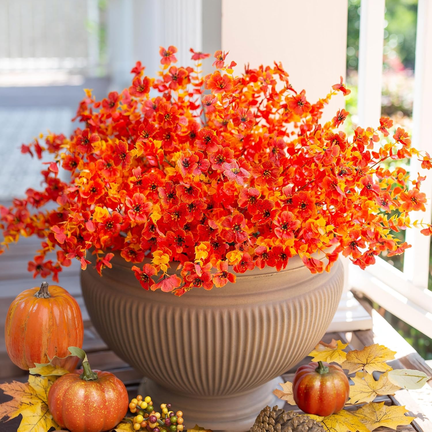 Artificial Faux Fall Flowers Plants for Outdoor Outside Thanksgiving, 12 Bundles Fake Flower Mums Look Real UV Resistant for Porch Patio Garden Home Table Centerpiece Decoration