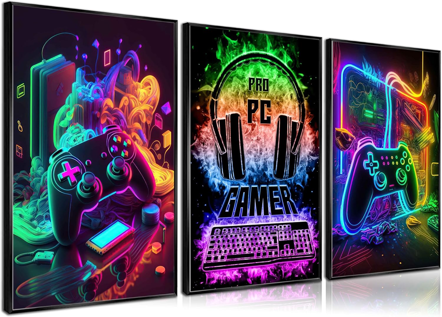 3Pcs Cool Gaming Wall Art Retro Video Gamer Watercolor Posters Pictures Colorful Neon Canvas Painting Prints for Boys Room Kids Bedroom Home Decoration 16x24in
