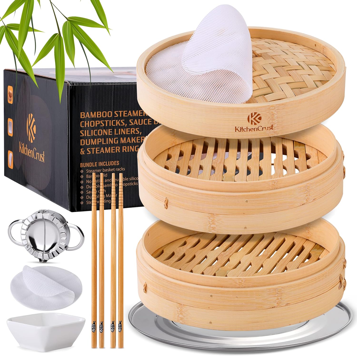 Bamboo Steamer Basket for Chinese Asian Cuisine - 2 Tier 10-Inch Steaming Basket Bun Vegetable Steamer, Dumpling Steamer bamboo steam basket, Sauce Dish, Chopsticks, Reusable Liners, Ring
