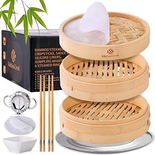 Bamboo Steamer Basket for Chinese Asian Cuisine - 2 Tier 10-Inch Steaming Basket Bun Vegetable Steamer, Dumpling Steamer bamboo steam basket, Sauce Dish, Chopsticks, Reusable Liners, Ring