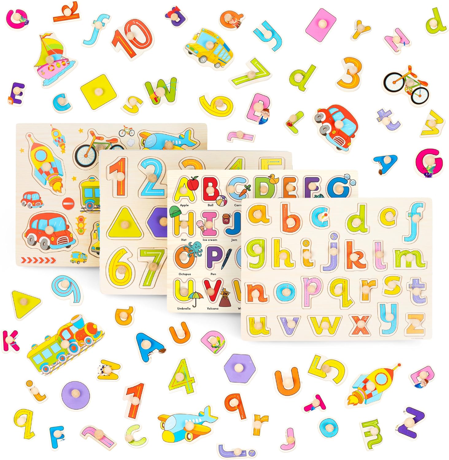 THE TWIDDLERS - 4 Wooden Jigsaw Peg Puzzles, Early Learning Toys for Kids and Toddlers, Perfect for School Classrooms