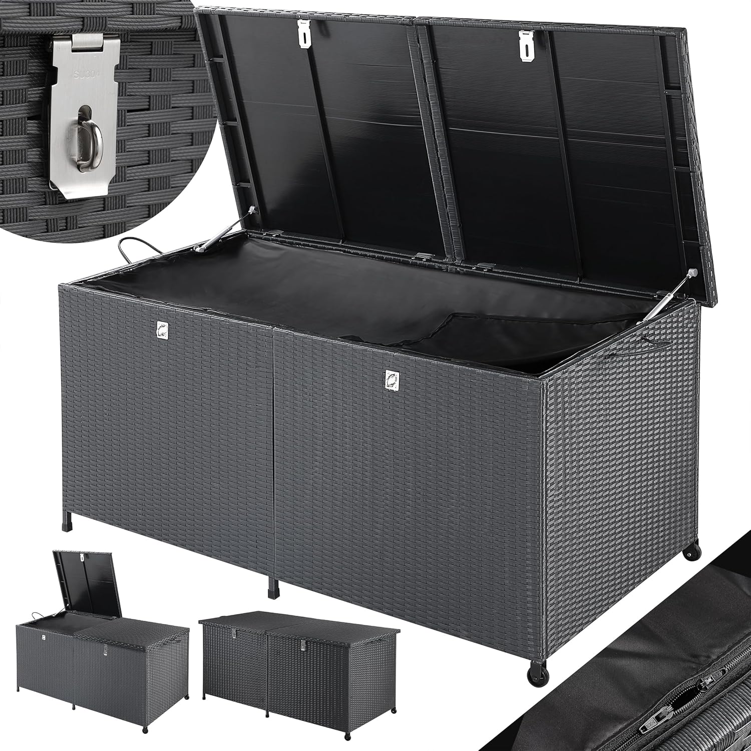 CASARIA® XXL 625 Litre Polyrattan Garden Storage Box Chest Extra Large With Wheels | Rollable Lockable | Automatic Gas Lift Lid Handles | Pillow Cushion Trunk Weather-Resistant | 150x77x73cm | Black