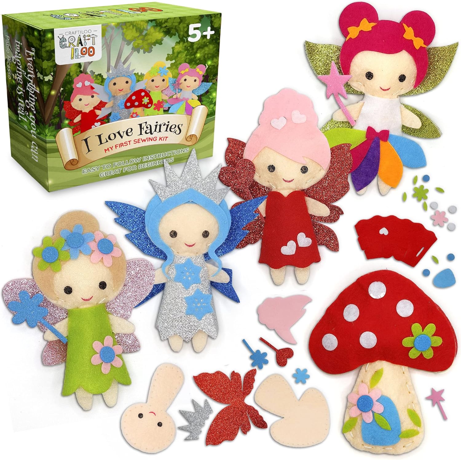 CRAFTILOO Fairy Sewing Kits for Little Girls 5 Easy Projects for Childrens Kid Crafts Make Your Own Felt Pillow Plush Craft Kit My First Sewing Kit Learn to Sew
