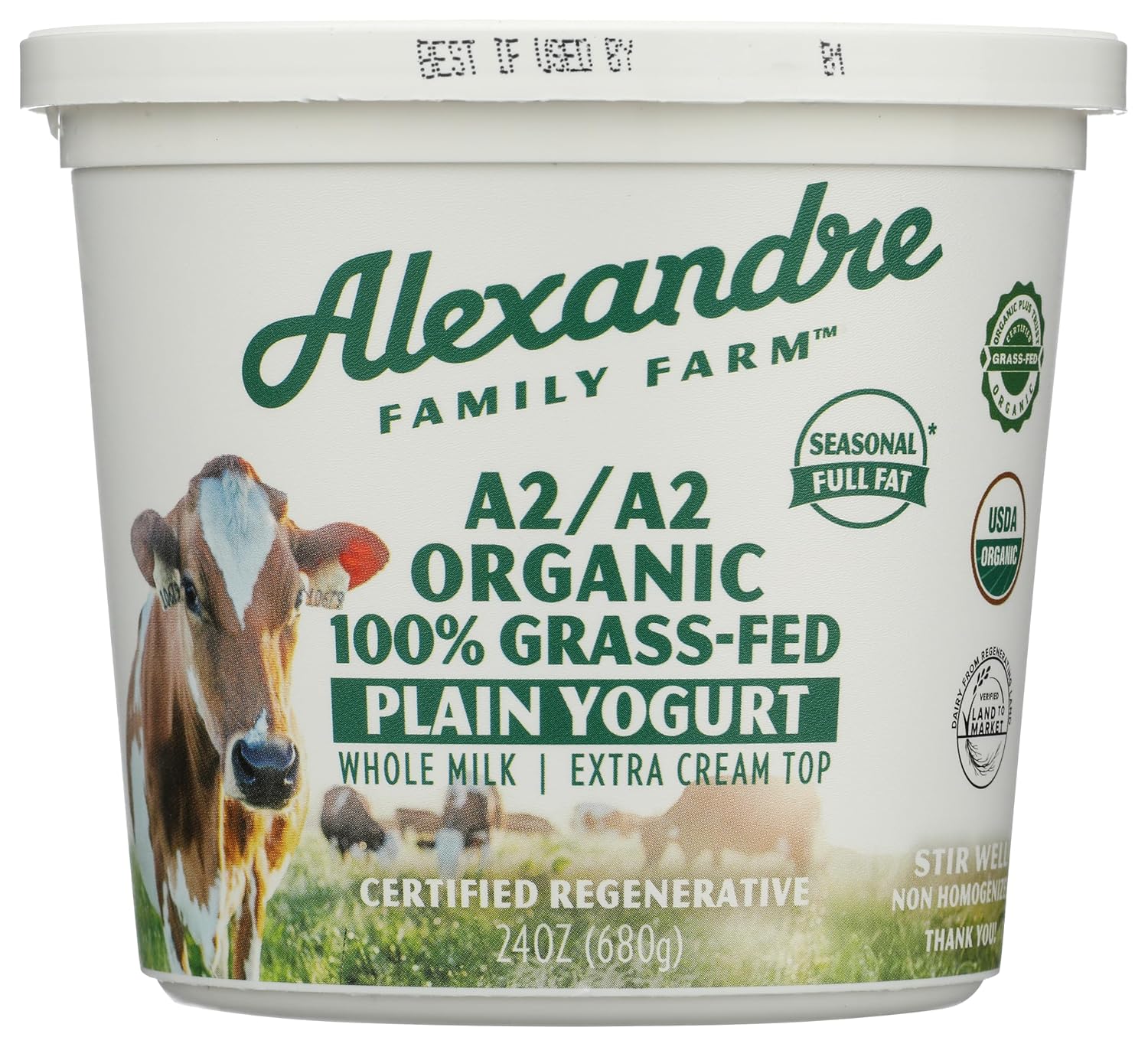Alexandre Family Farms Organic Plain A2 Whole Milk Yogurt, 24 OZ