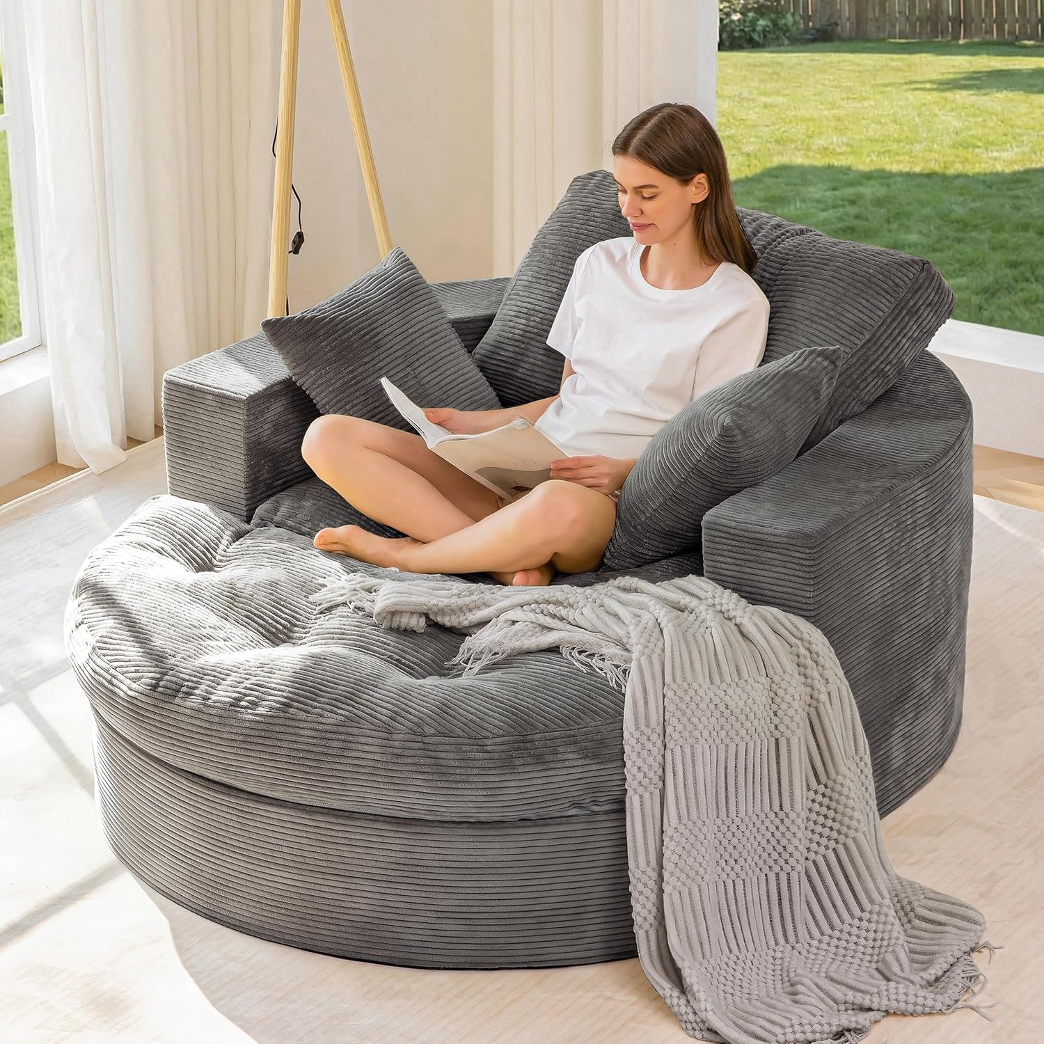 MAXYOYO Oversized Round Chaise Lounge Sofa, Boneless Chair with Ottoman | Grey Upholstered Reading Chair Has A Deep Seat And 3 Pillows, With No Assembly Required For Living Rooms Or Bedrooms.