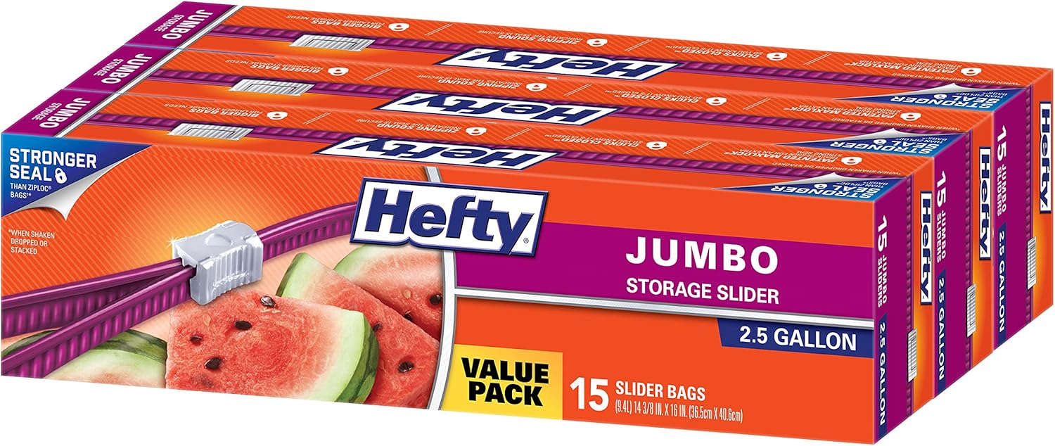 Hefty Slider Jumbo Storage Bags, 2.5 Gallon Size, 3 Boxes of 15 Bags (45 Total)