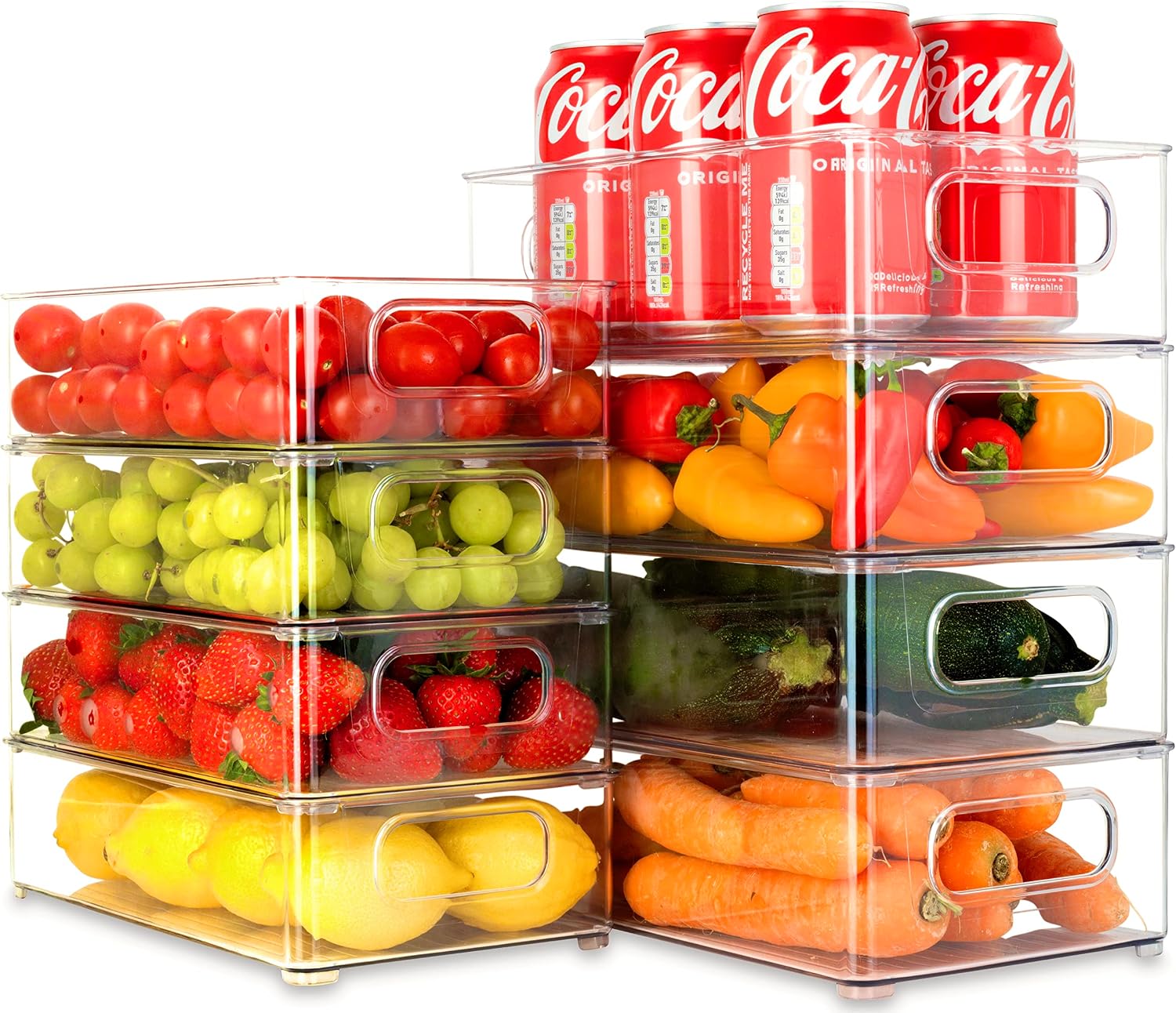 Unique Impression Set of 8 Stackable Fridge Organisers - Clear Fridge Storage Containers with Handles - Organizer Boxes for Refrigerator, Cupboard, Cabinet, Pantry, Snacks, Cans, Tins, Kitchen,
