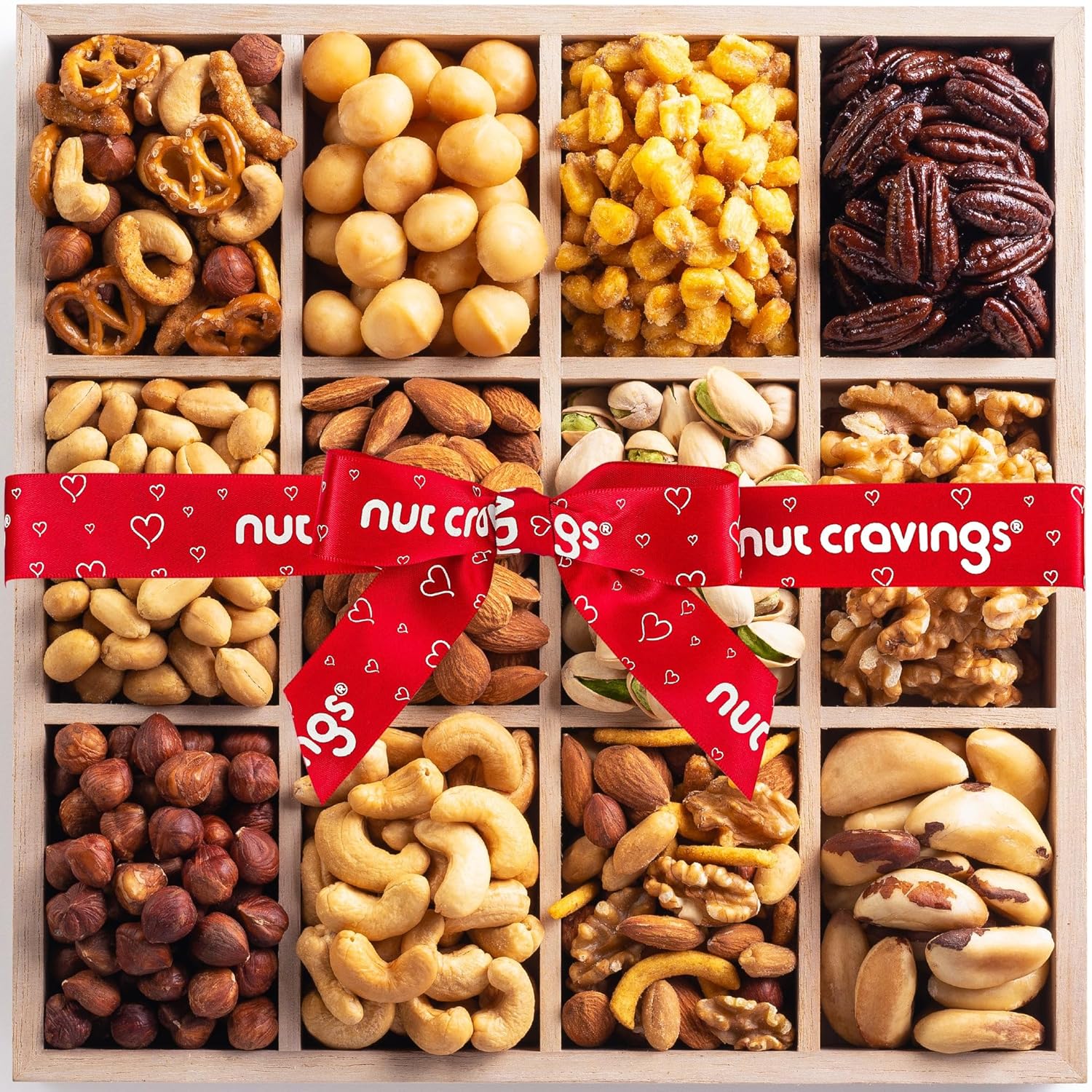 NUT CRAVINGS - Mixed Nuts Gift Basket in Reusable Wooden Tray + Heart Ribbon (12 Assortments) Food Arrangement, Healthy Snack Care Package, Kosher