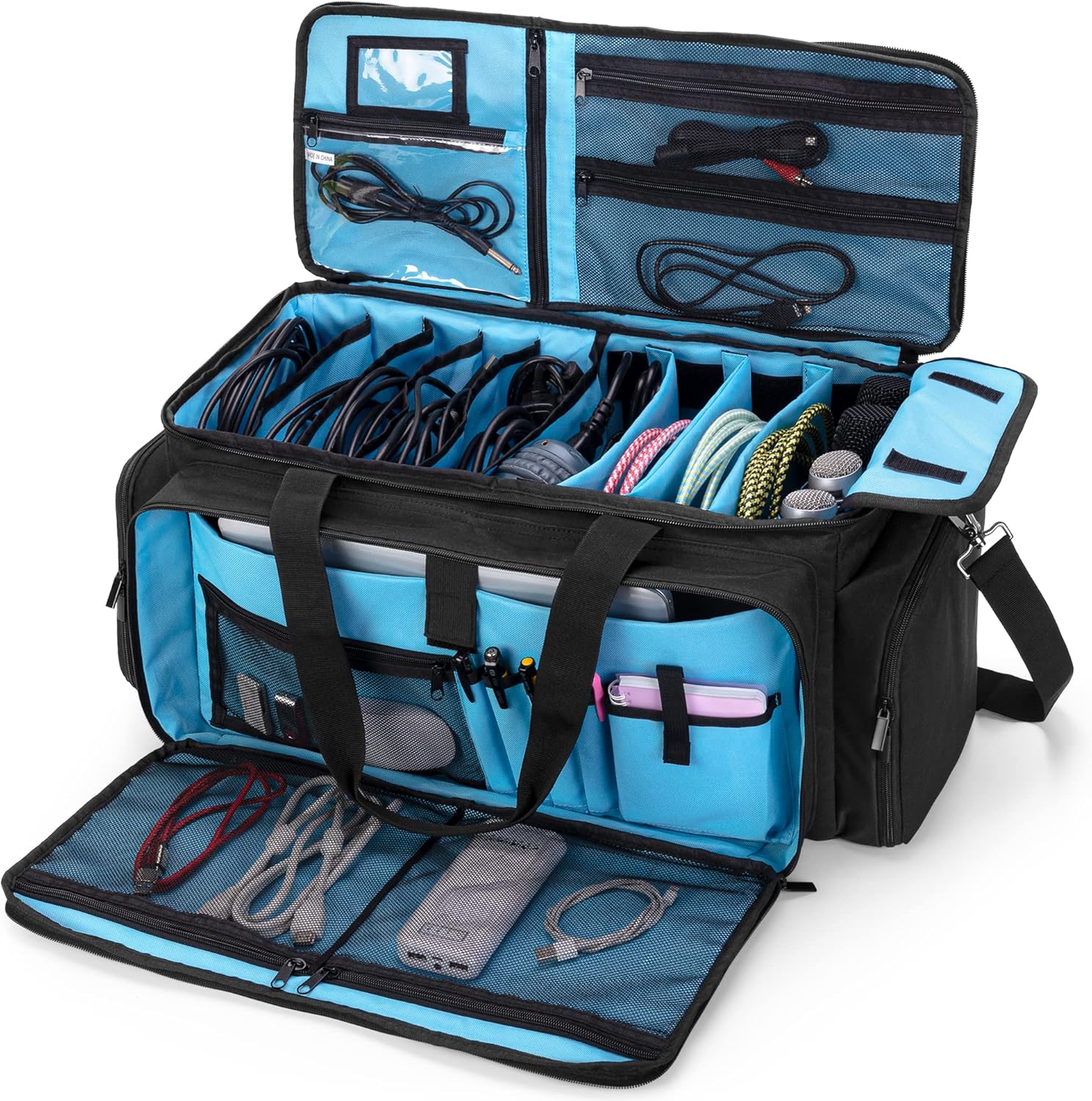 Large DJ Gig Bag, Travel DJ Cable File Case with Padded Bottom & Detachable Dividers, DJ Gear Storage Organizer for Microphones, 14" Laptop, Sound Equipment & Music Instrument, Black, Bag Only