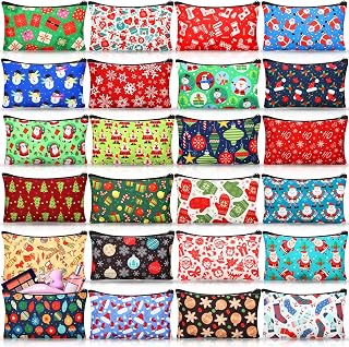 24 Pieces Makeup Bags Bulk Canvas Cosmetic Bags Purse Organizer Zipper Cosmetic Pouch Portable Travel Toiletry Pouch for Women Men Gifts, 7 x 4 Inch (Christmas)