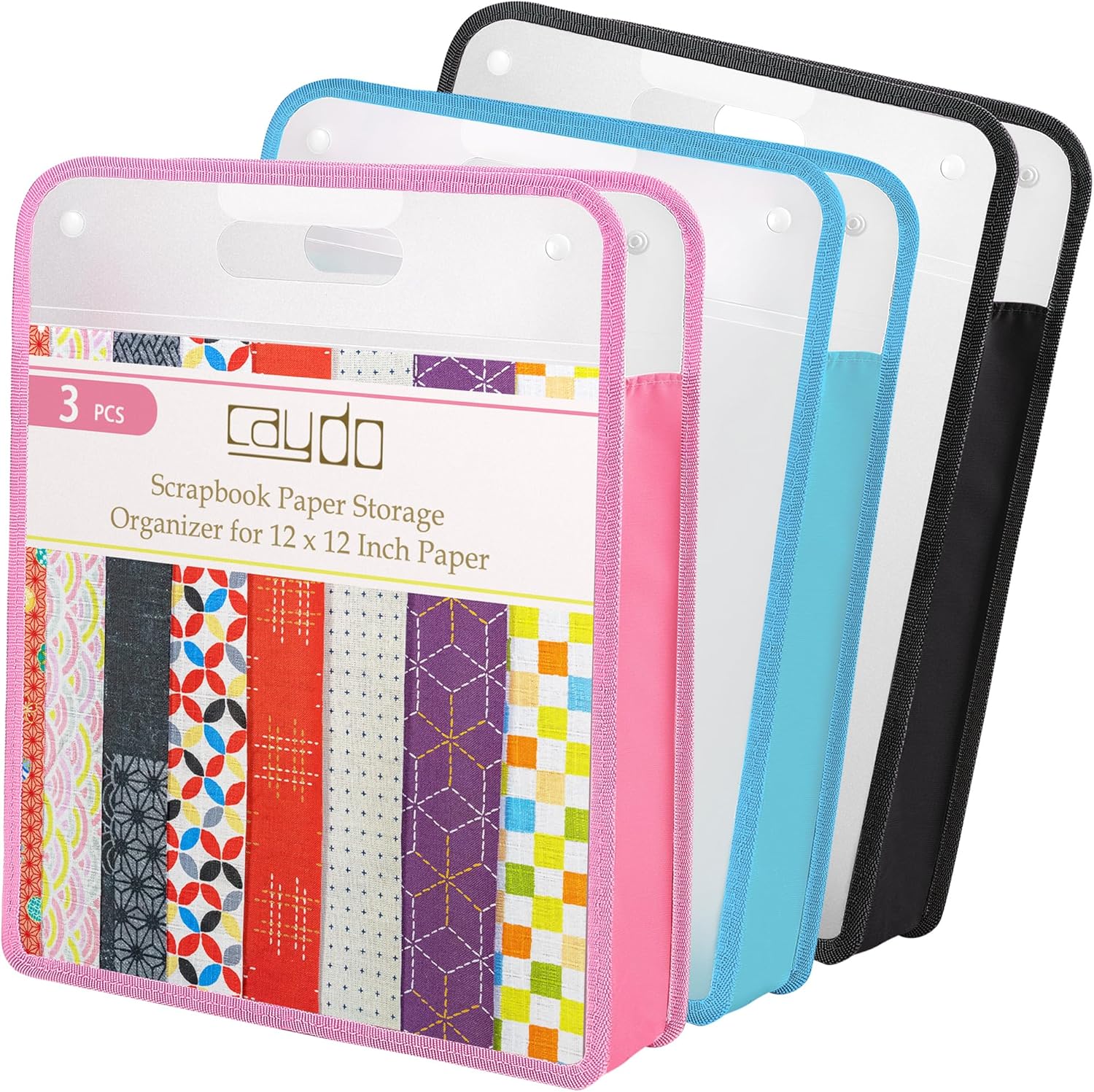 Caydo 3 Pack Scrapbook Paper Storage, Clear Expanding Folio with Handle, Portable 12 x 12 Paper Storage Organizer for Holding Scrapbook, Vinyl Paper, Cardstock (Blue, Pink, Black)