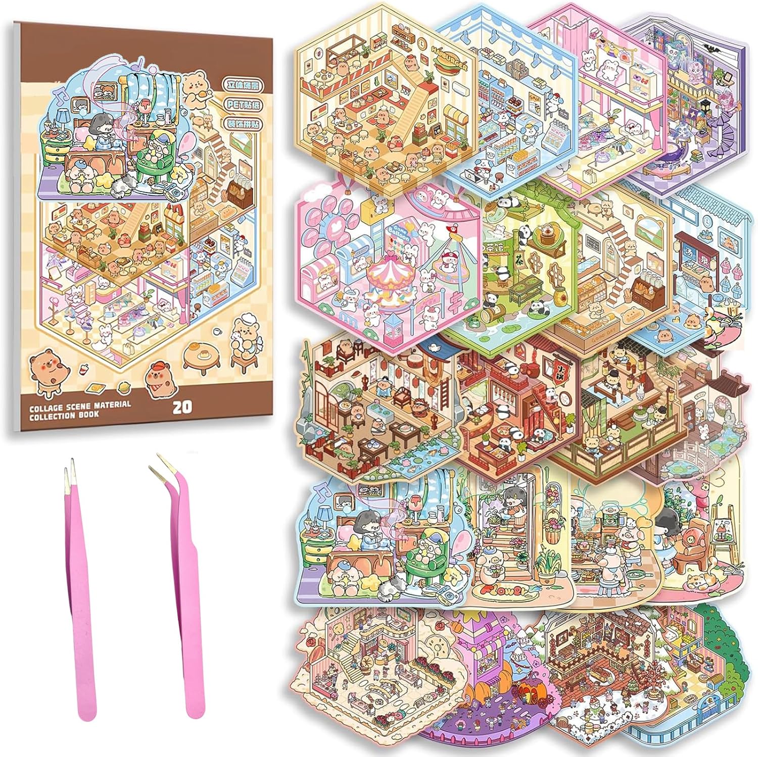 20 Sets DIY 3D House Stickers Kit Non-Toxic & Safe 3D Miniature Scene Therapy for Kids and Adults, Stress Relief Sticker Scenes with Tweezers Creative Fun & Reusable DIY Sticker Therapy Kit for age 3+