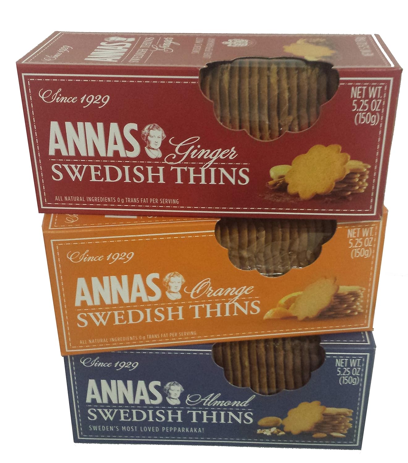 Annas Swedish Thins Assortment, THREE 5.25oz boxes, one box each of 3 flavors, 1 Ginger, 1 Orange & 1 Almond Thins