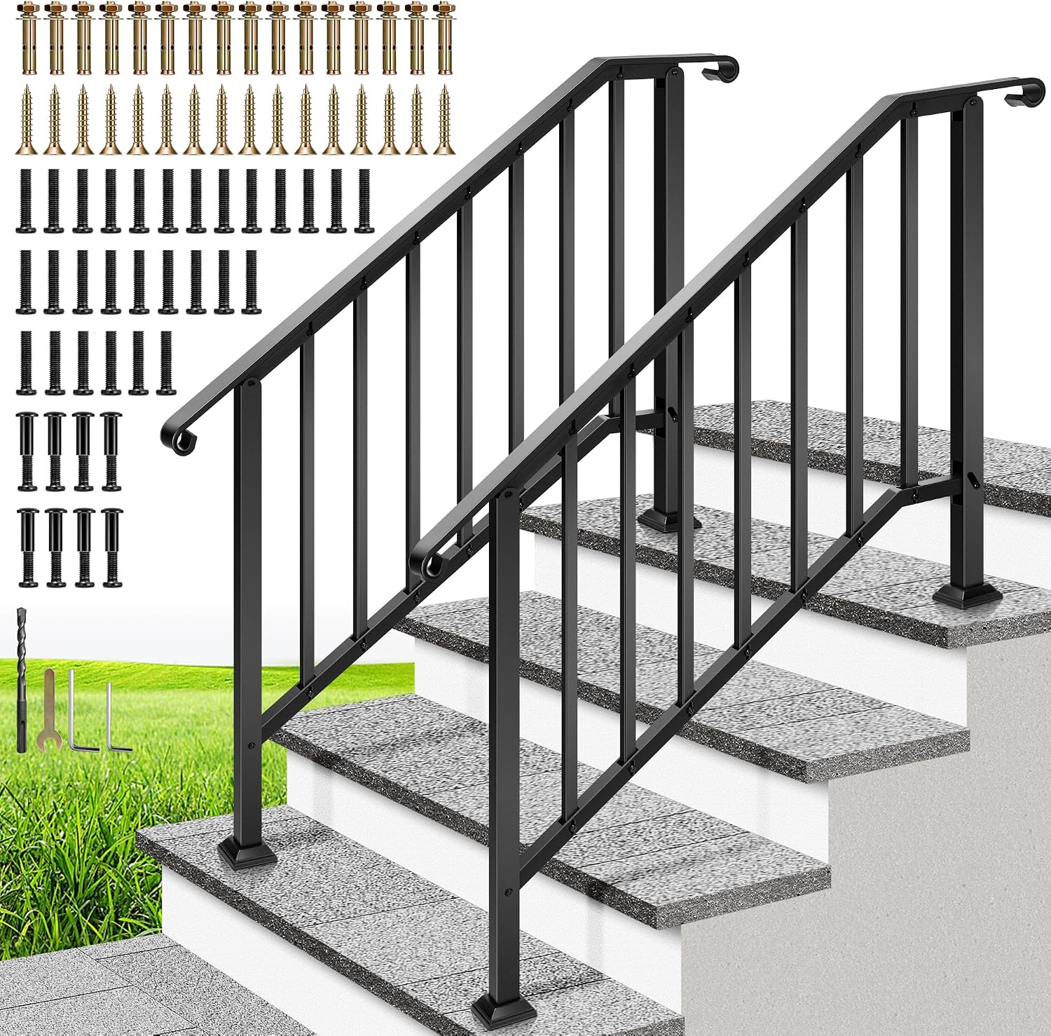 VIVOHOME 4-Step Hand Rails for Outdoor Steps with Curved Ends and Balusters
